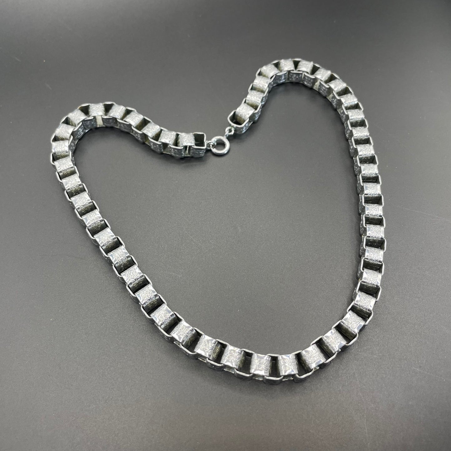 Vintage Jakob Bengel Art Deco machine age chrome ornate chunky box chain necklace from the 1930s