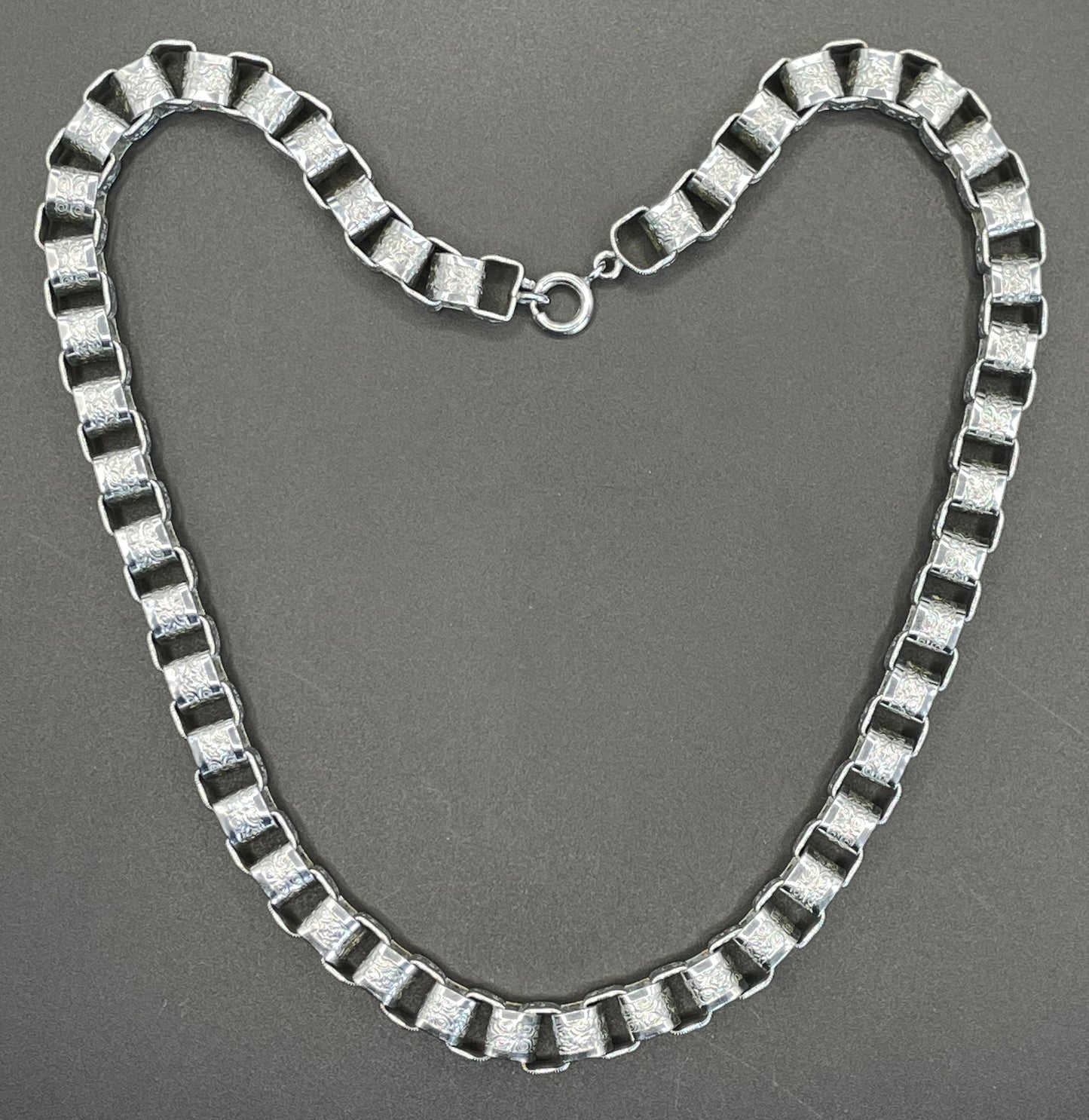 Vintage Jakob Bengel Art Deco machine age chrome ornate chunky box chain necklace from the 1930s