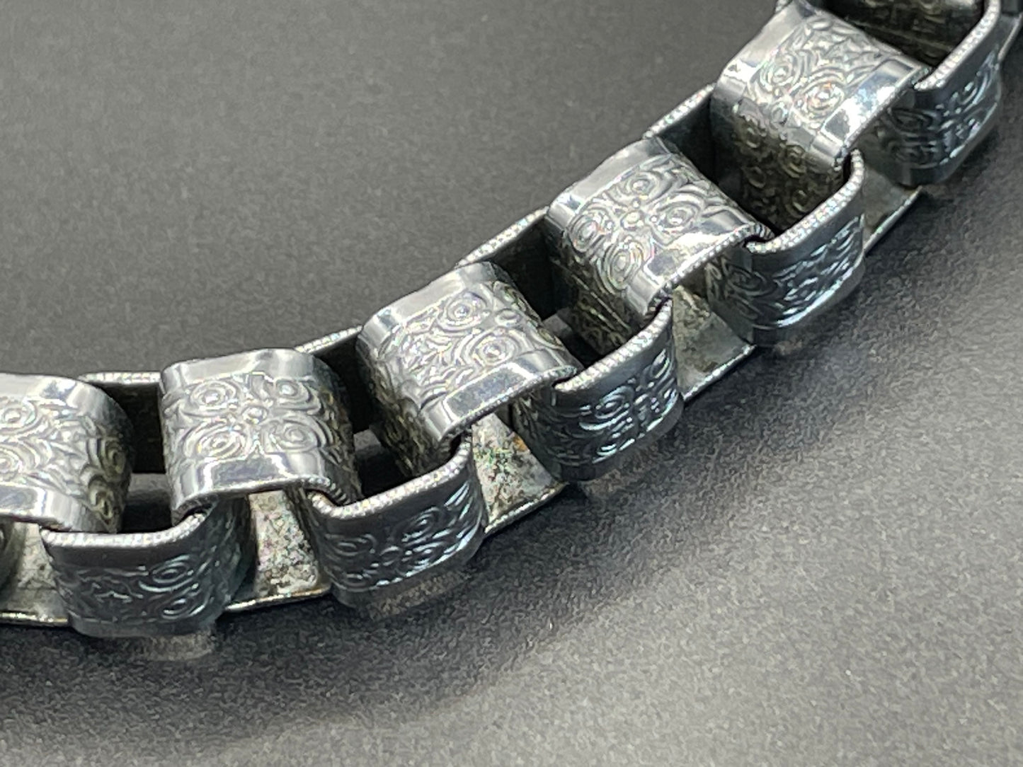 Vintage Jakob Bengel Art Deco machine age chrome ornate chunky box chain necklace from the 1930s