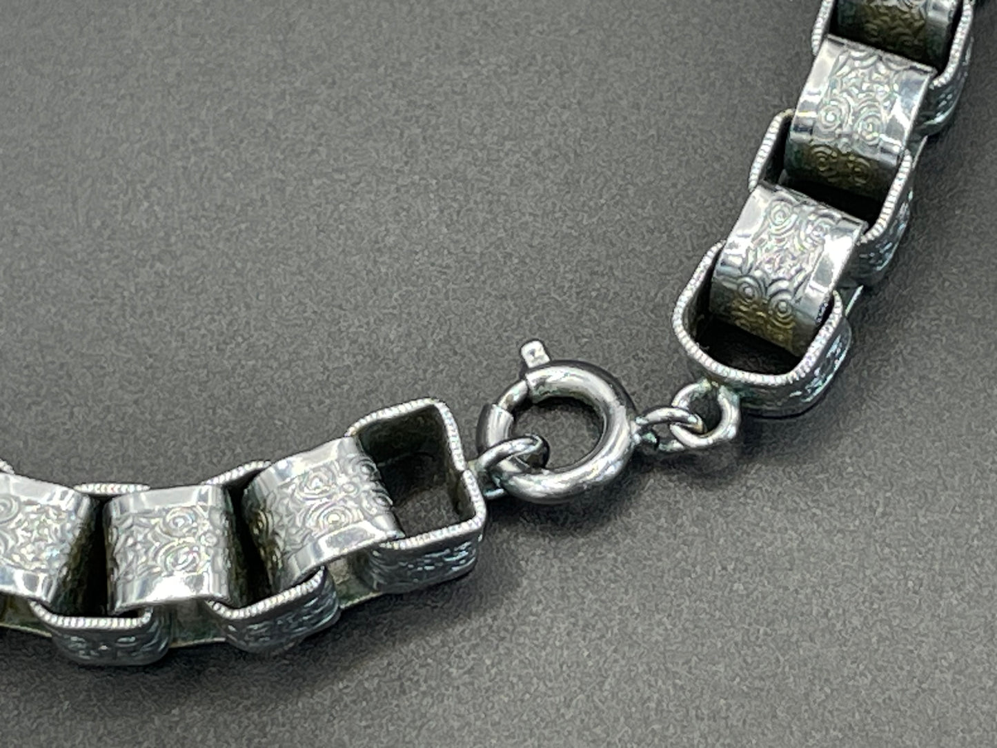 Vintage Jakob Bengel Art Deco machine age chrome ornate chunky box chain necklace from the 1930s