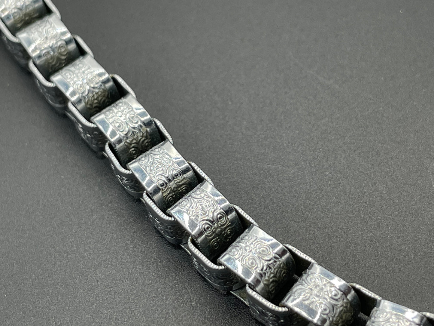 Vintage Jakob Bengel Art Deco machine age chrome ornate chunky box chain necklace from the 1930s