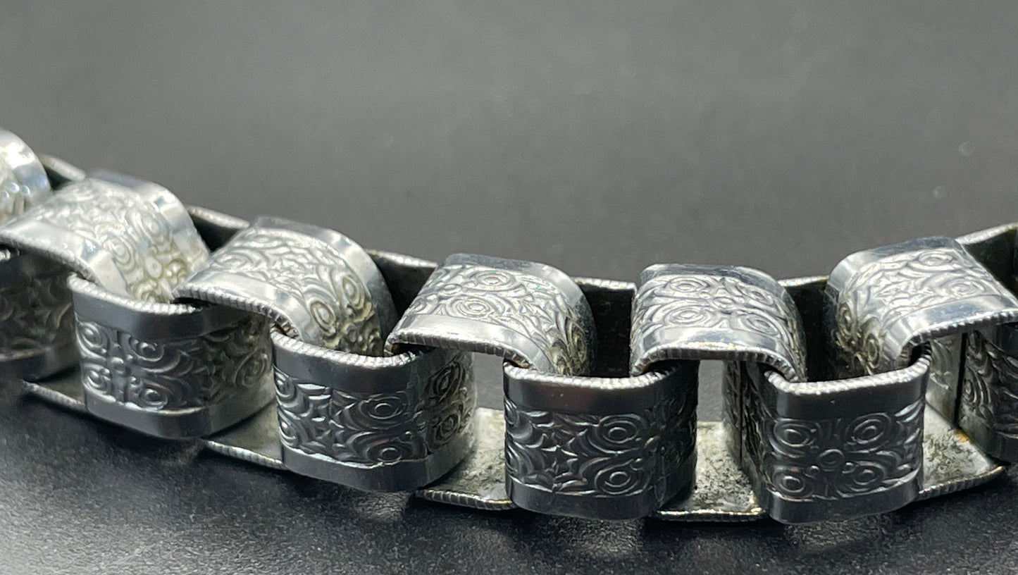 Vintage Jakob Bengel Art Deco machine age chrome ornate chunky box chain necklace from the 1930s