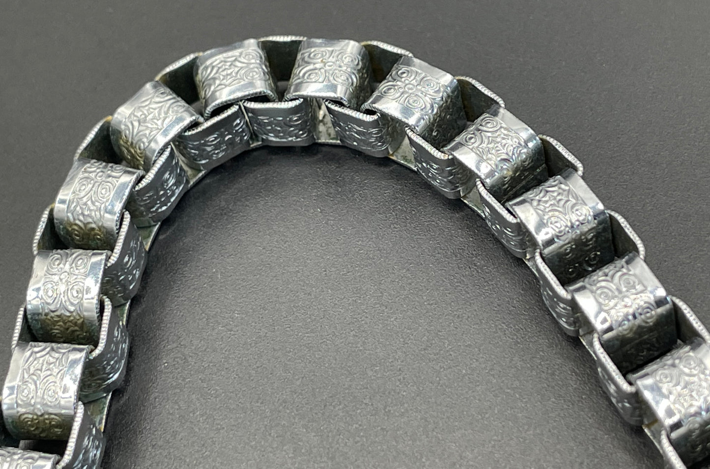 Vintage Jakob Bengel Art Deco machine age chrome ornate chunky box chain necklace from the 1930s