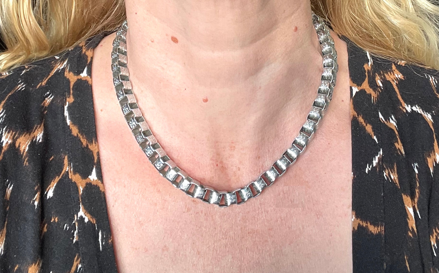 Vintage Jakob Bengel Art Deco machine age chrome ornate chunky box chain necklace from the 1930s
