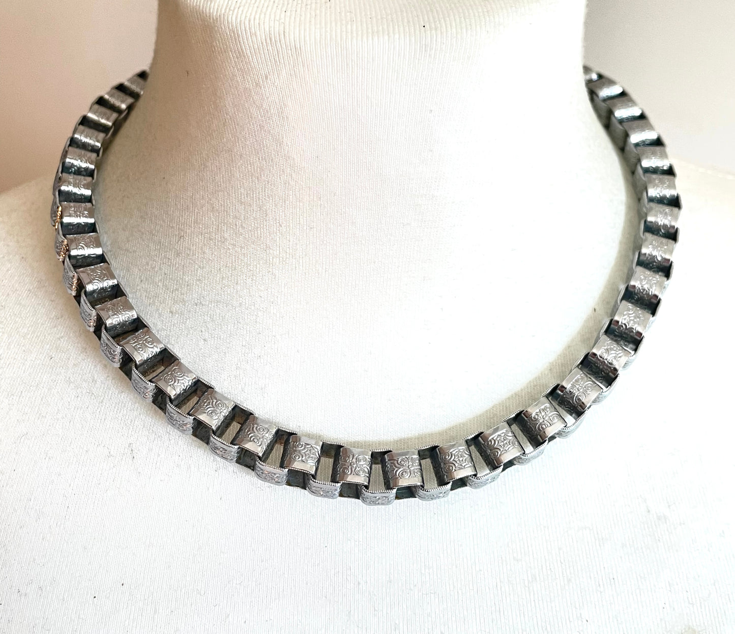 Vintage Jakob Bengel Art Deco machine age chrome ornate chunky box chain necklace from the 1930s