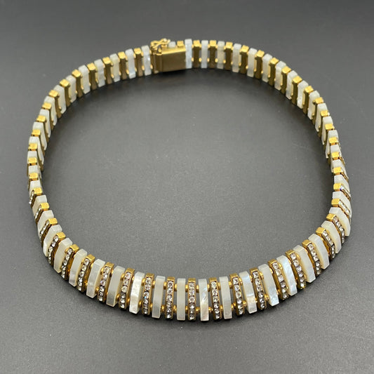 Vintage Schreiber and Hiller signed Esha Randel Art Deco clear rhinestone, carved mother of pearl (MOP) and gold tone choker necklace