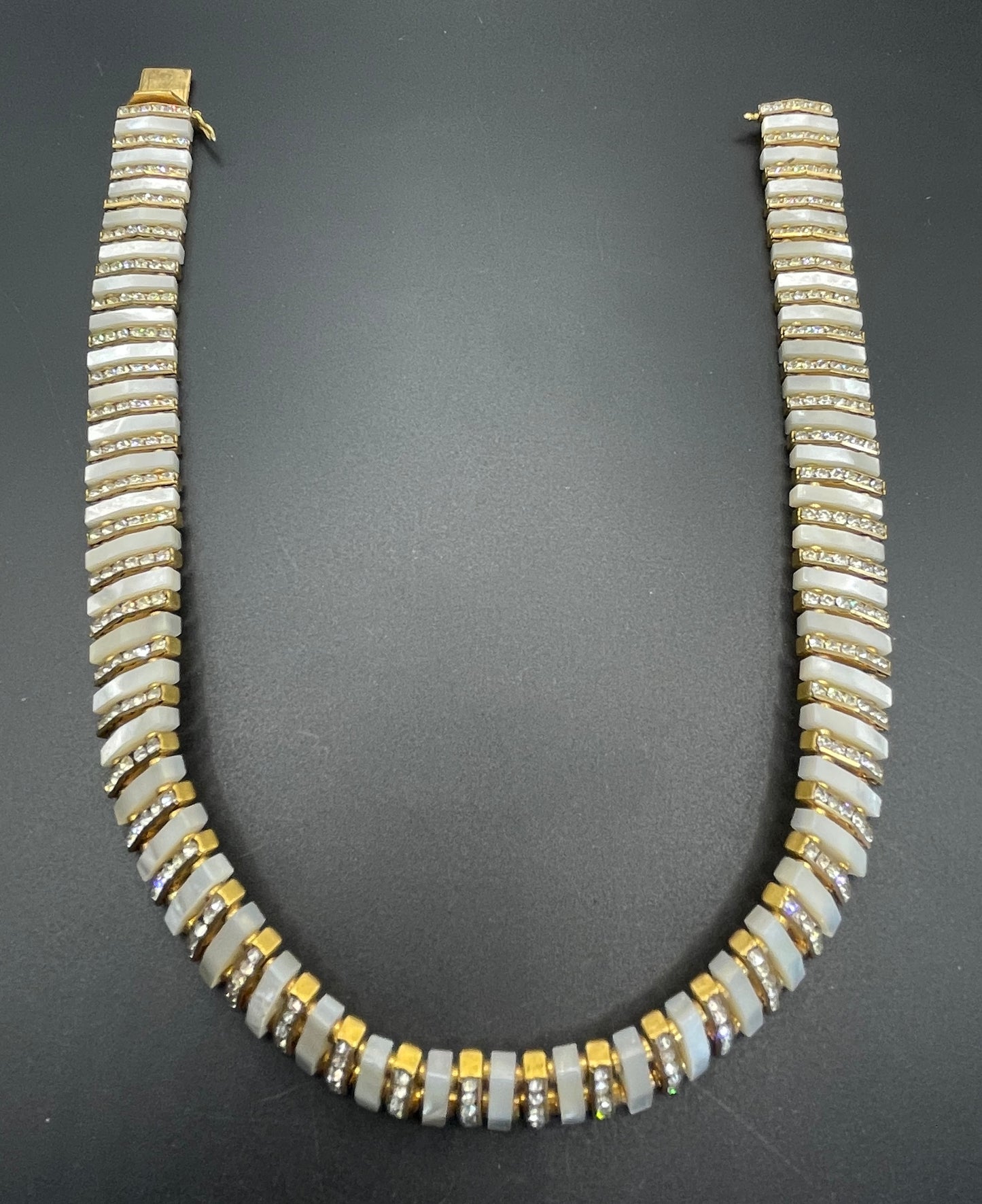 Vintage Schreiber and Hiller signed Esha Randel Art Deco clear rhinestone, carved mother of pearl (MOP) and gold tone choker necklace