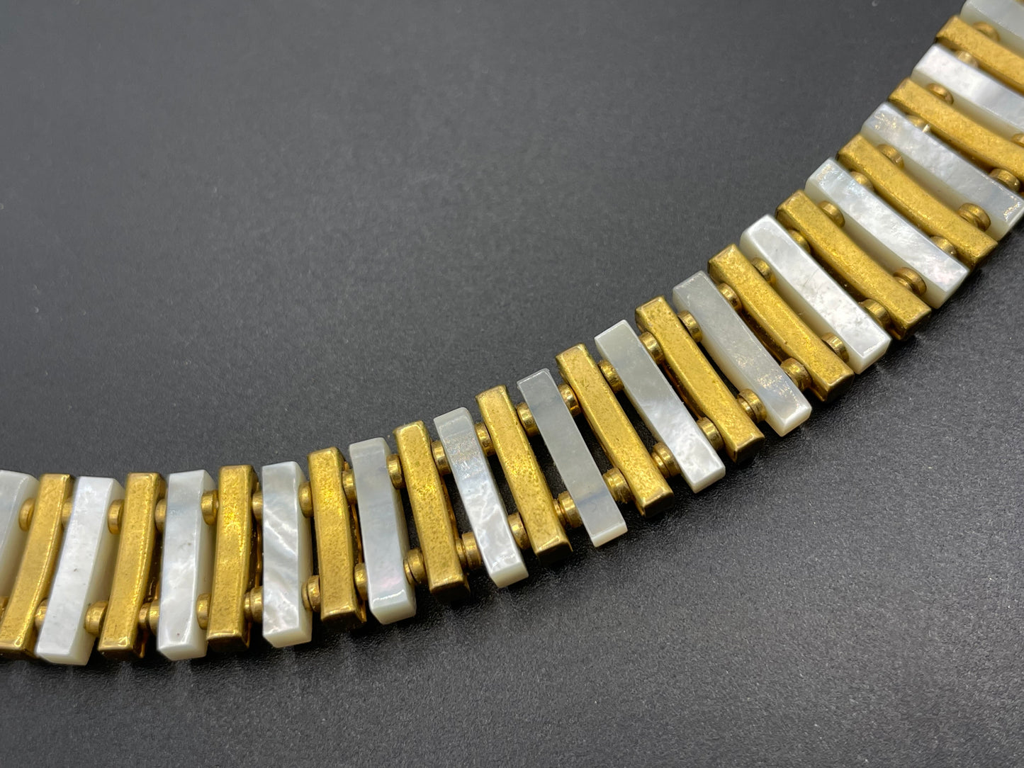 Vintage Schreiber and Hiller signed Esha Randel Art Deco clear rhinestone, carved mother of pearl (MOP) and gold tone choker necklace