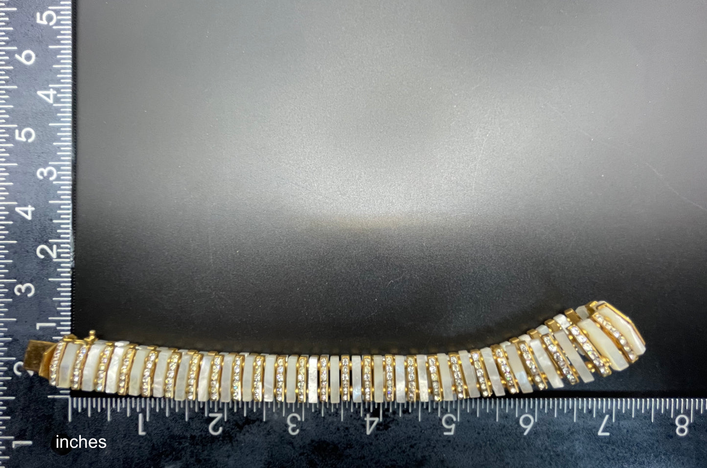 Vintage Schreiber and Hiller signed Esha Randel Art Deco clear rhinestone, carved mother of pearl (MOP) and gold tone choker necklace