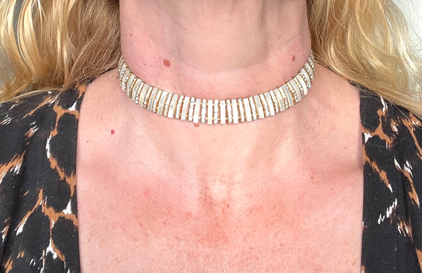 Vintage Schreiber and Hiller signed Esha Randel Art Deco clear rhinestone, carved mother of pearl (MOP) and gold tone choker necklace