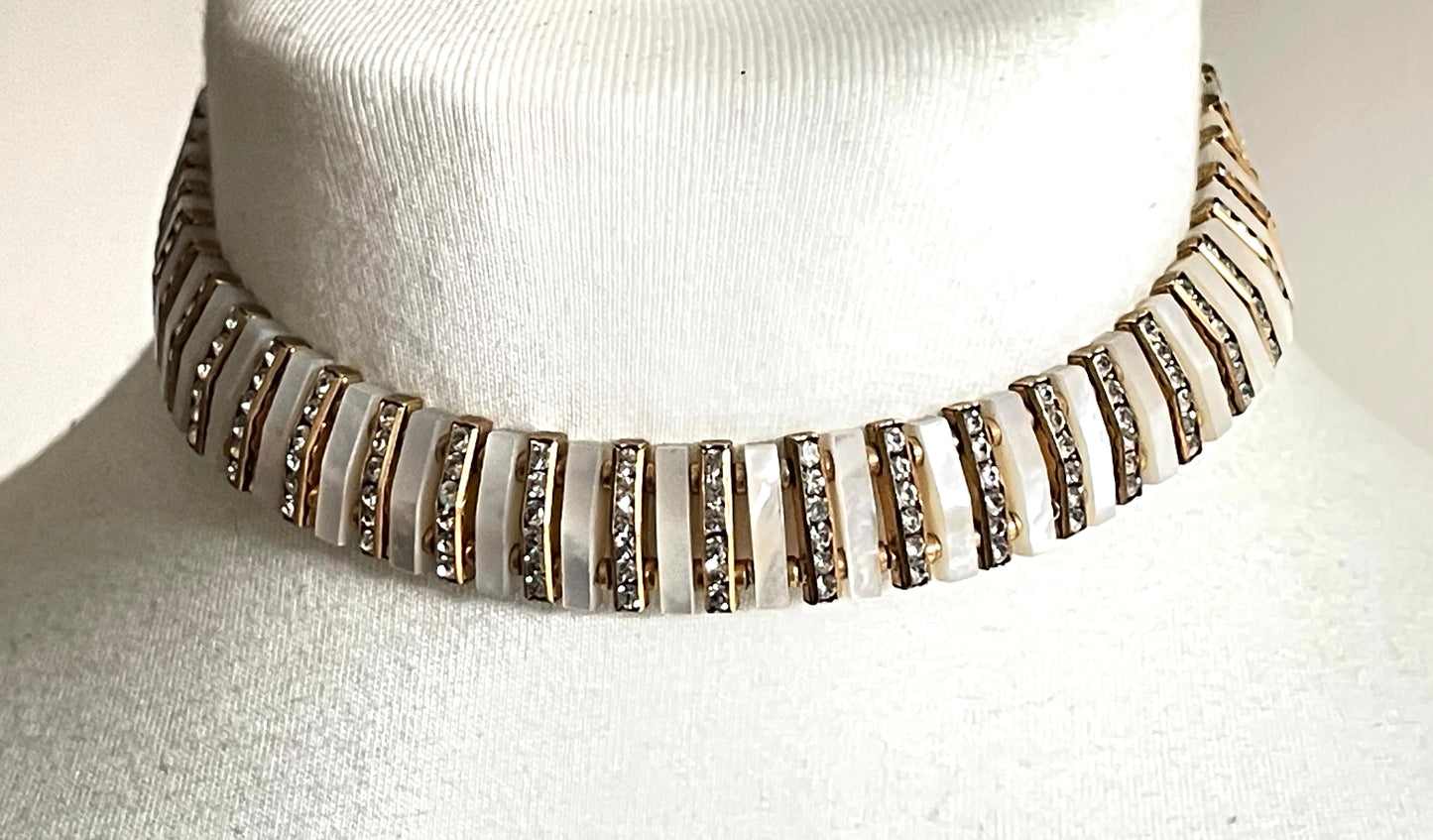 Vintage Schreiber and Hiller signed Esha Randel Art Deco clear rhinestone, carved mother of pearl (MOP) and gold tone choker necklace
