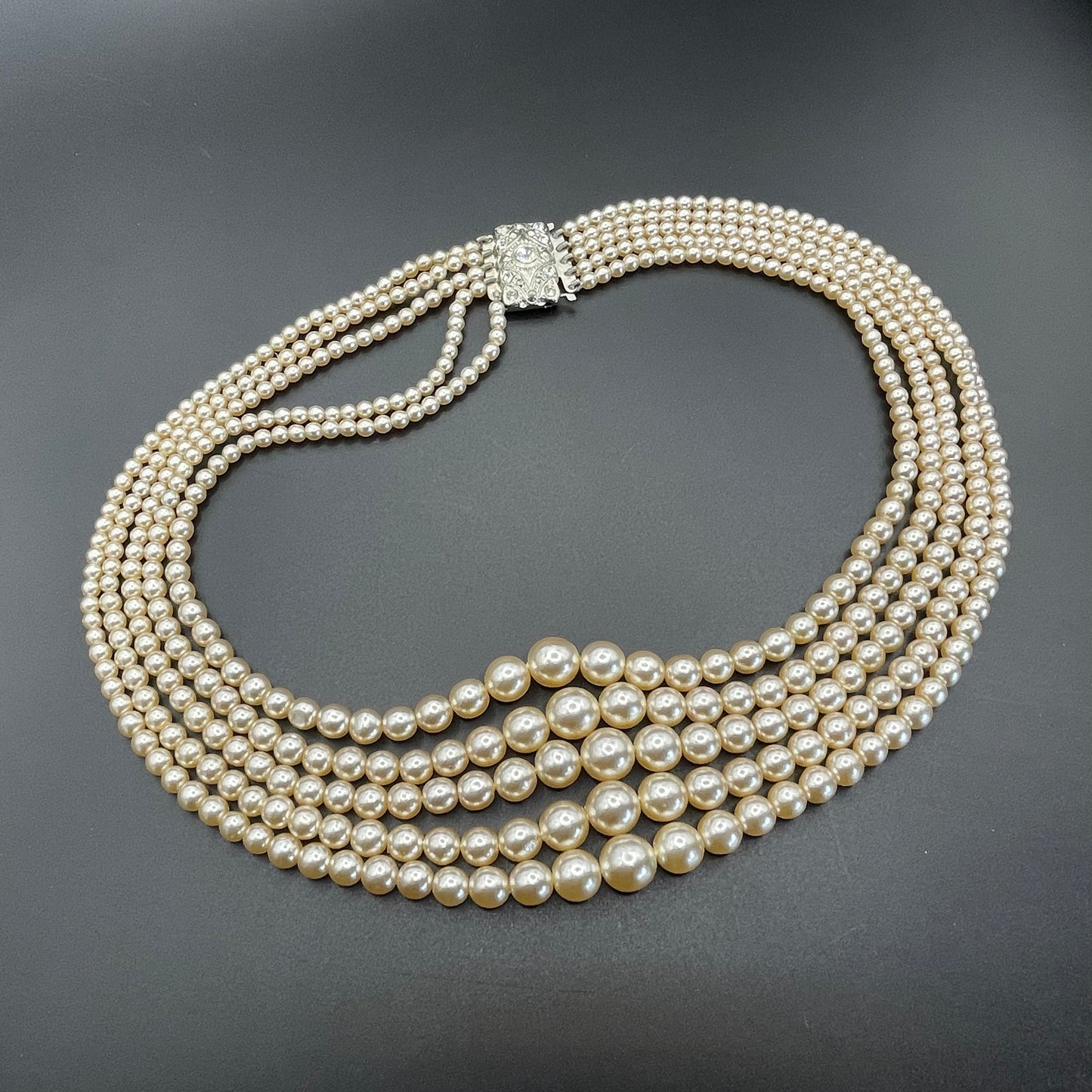 Vintage five strand glass faux pearl necklace with ornate clear rhinestone box clasp, graduated glass pearls (Copy)