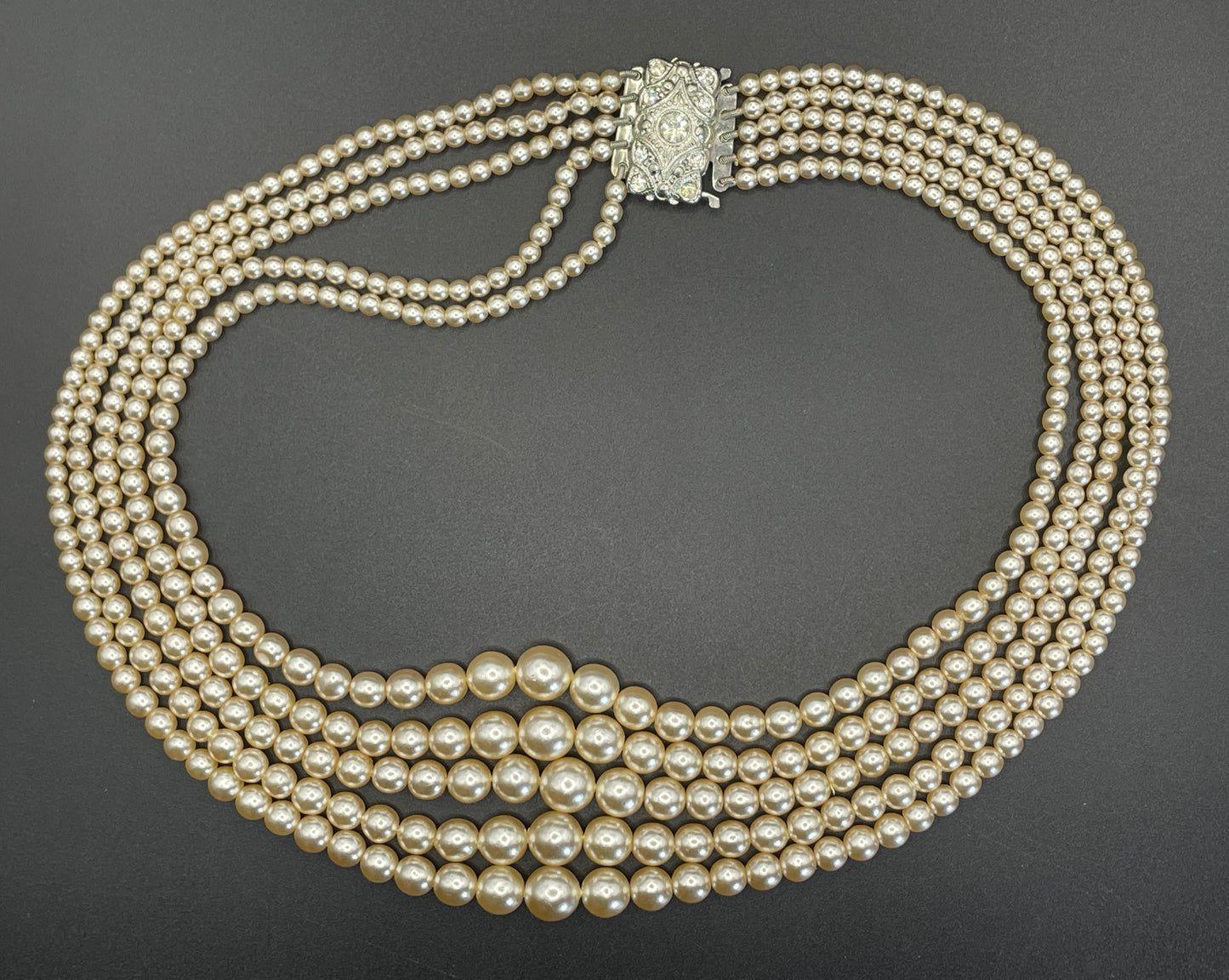 Vintage five strand glass faux pearl necklace with ornate clear rhinestone box clasp, graduated glass pearls (Copy)