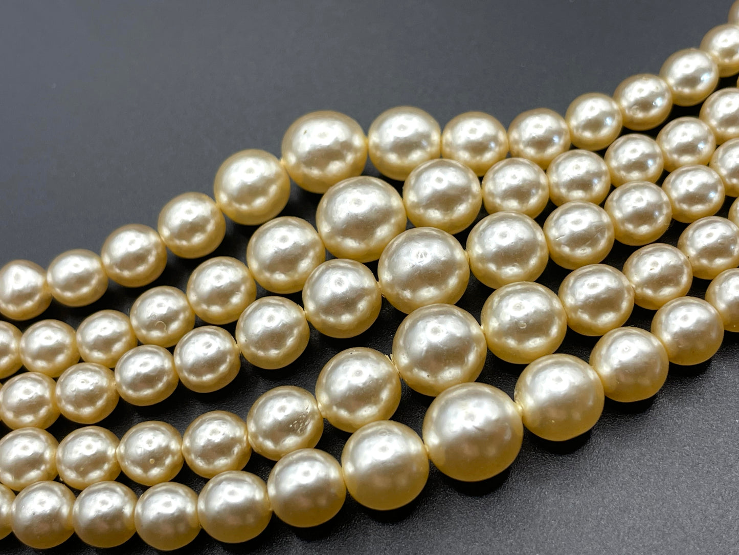 Vintage five strand glass faux pearl necklace with ornate clear rhinestone box clasp, graduated glass pearls (Copy)