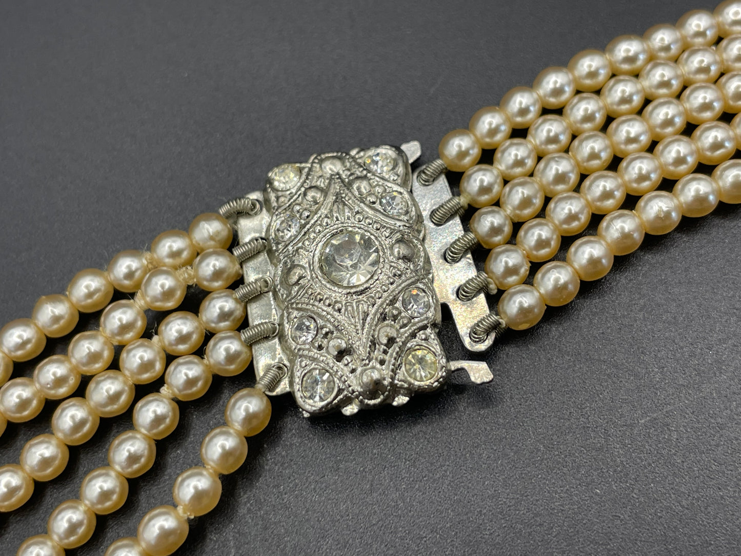 Vintage five strand glass faux pearl necklace with ornate clear rhinestone box clasp, graduated glass pearls (Copy)