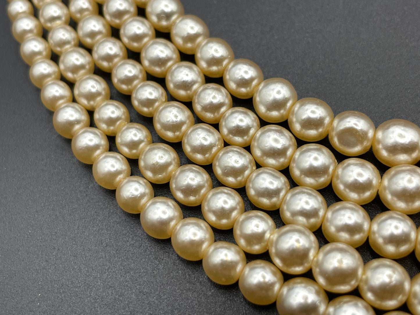 Vintage five strand glass faux pearl necklace with ornate clear rhinestone box clasp, graduated glass pearls (Copy)