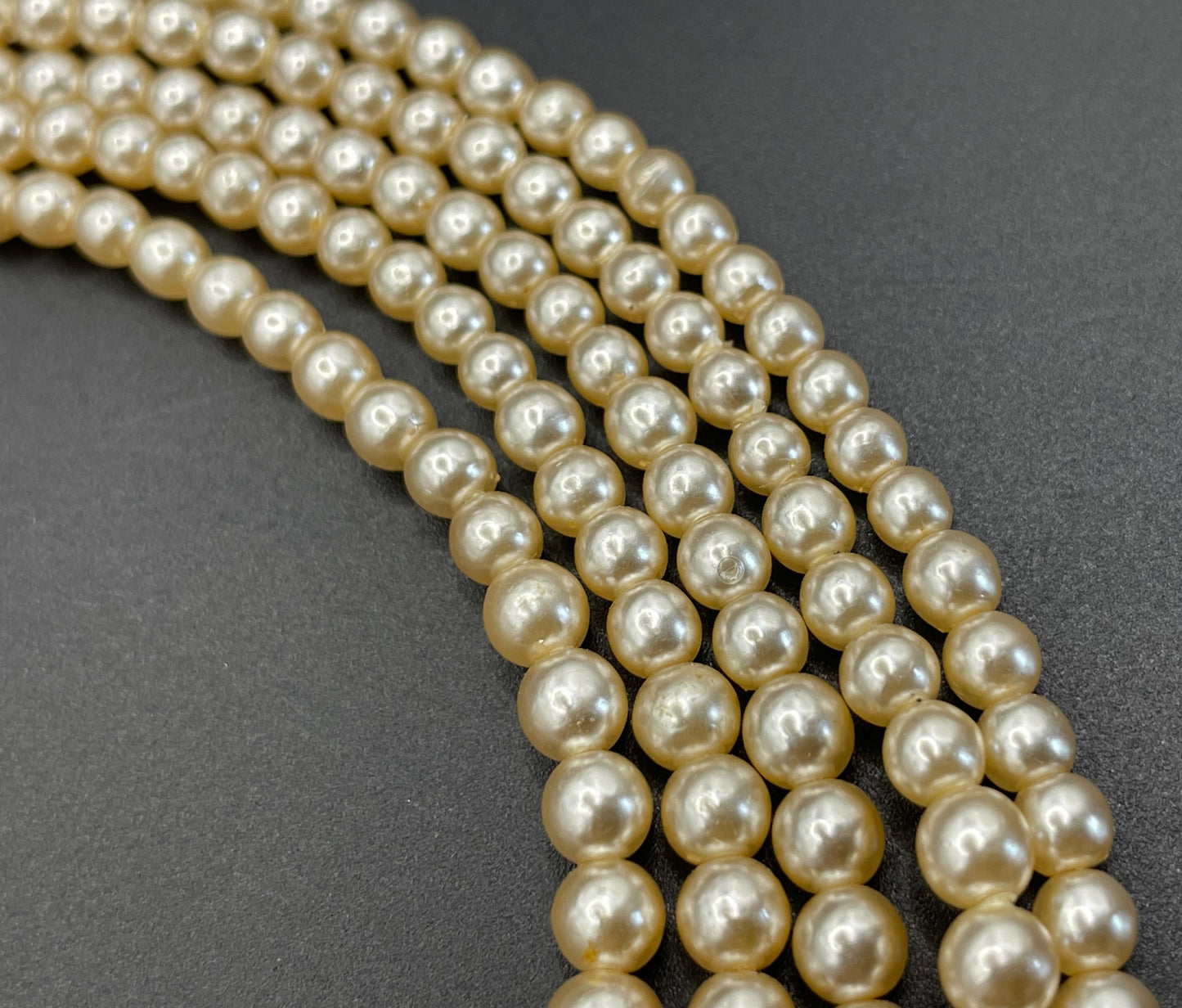 Vintage five strand glass faux pearl necklace with ornate clear rhinestone box clasp, graduated glass pearls (Copy)