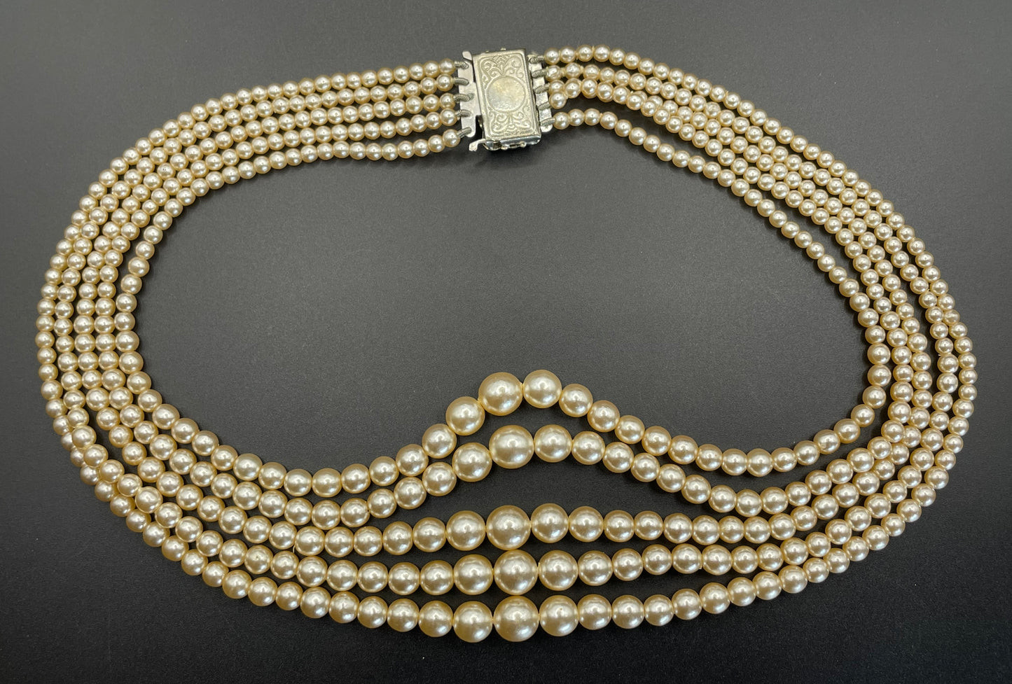 Vintage five strand glass faux pearl necklace with ornate clear rhinestone box clasp, graduated glass pearls (Copy)