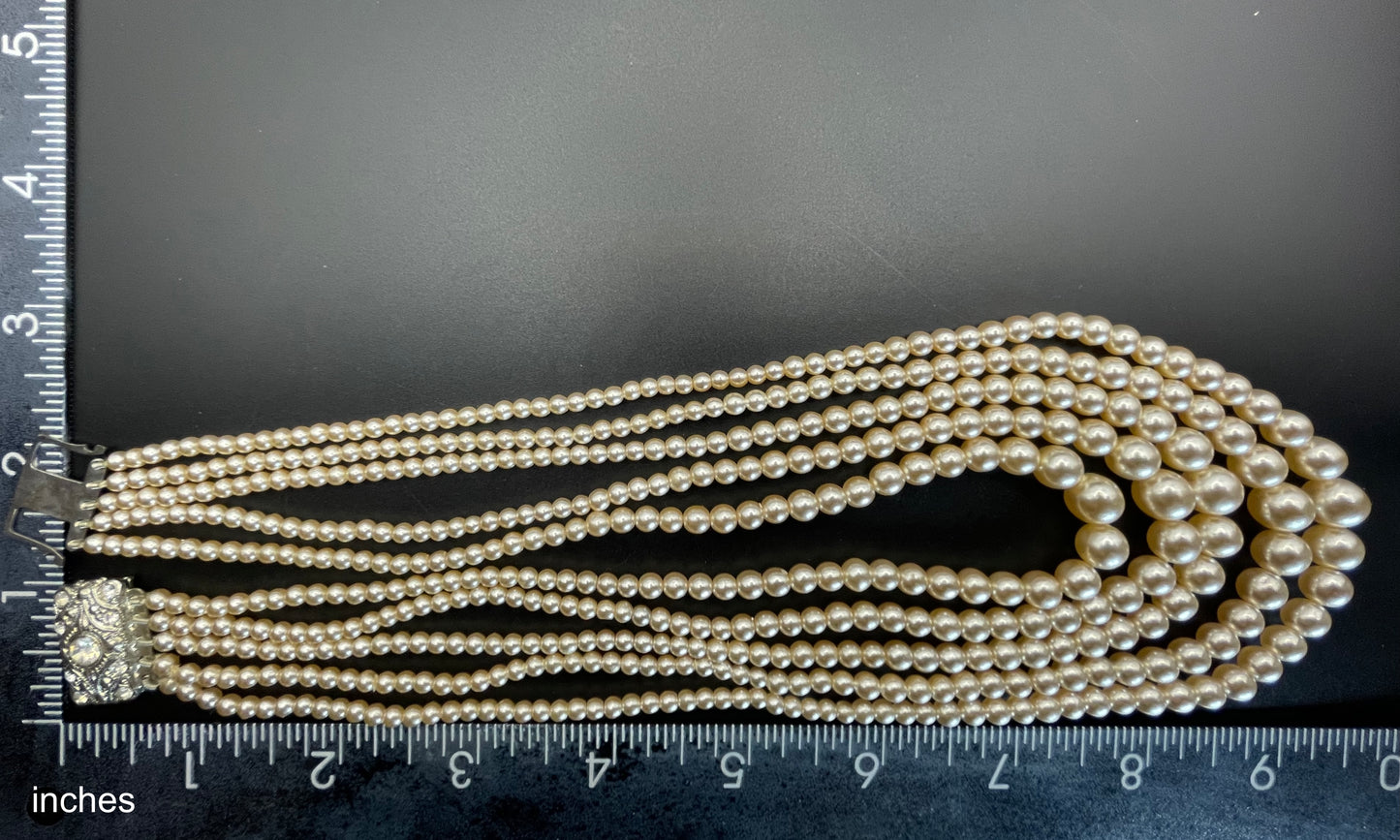 Vintage five strand glass faux pearl necklace with ornate clear rhinestone box clasp, graduated glass pearls (Copy)