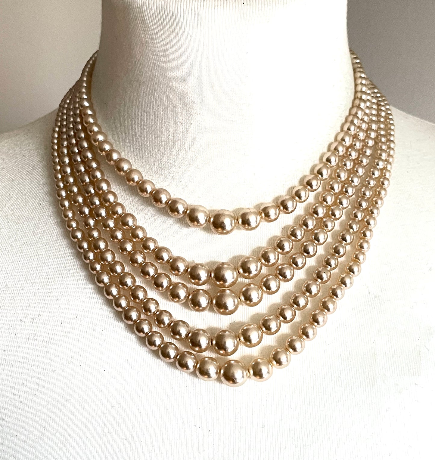Vintage five strand glass faux pearl necklace with ornate clear rhinestone box clasp, graduated glass pearls (Copy)