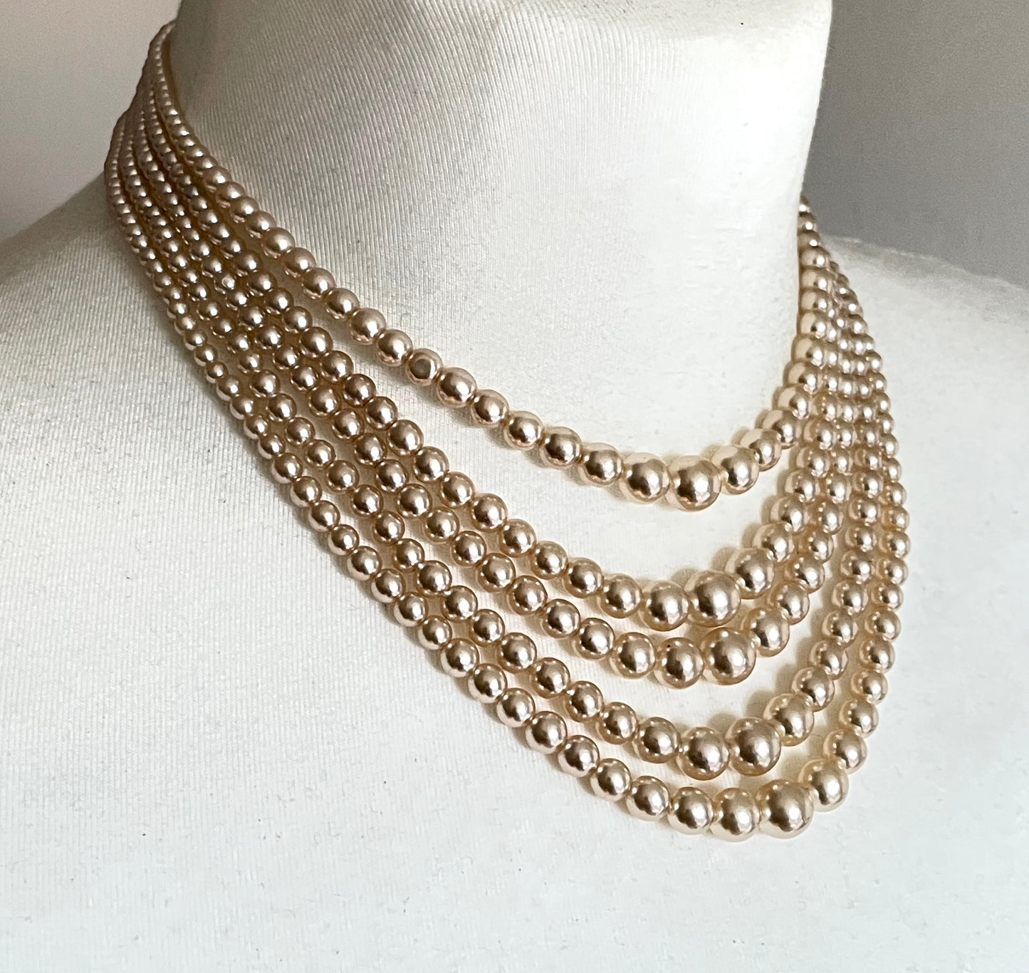 Vintage five strand glass faux pearl necklace with ornate clear rhinestone box clasp, graduated glass pearls (Copy)