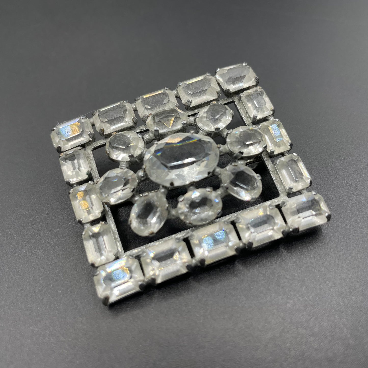 Vintage Art Deco ice clear crystal paste brooch, open-backed baguette cut rectangular and oval cut glass rhinestones