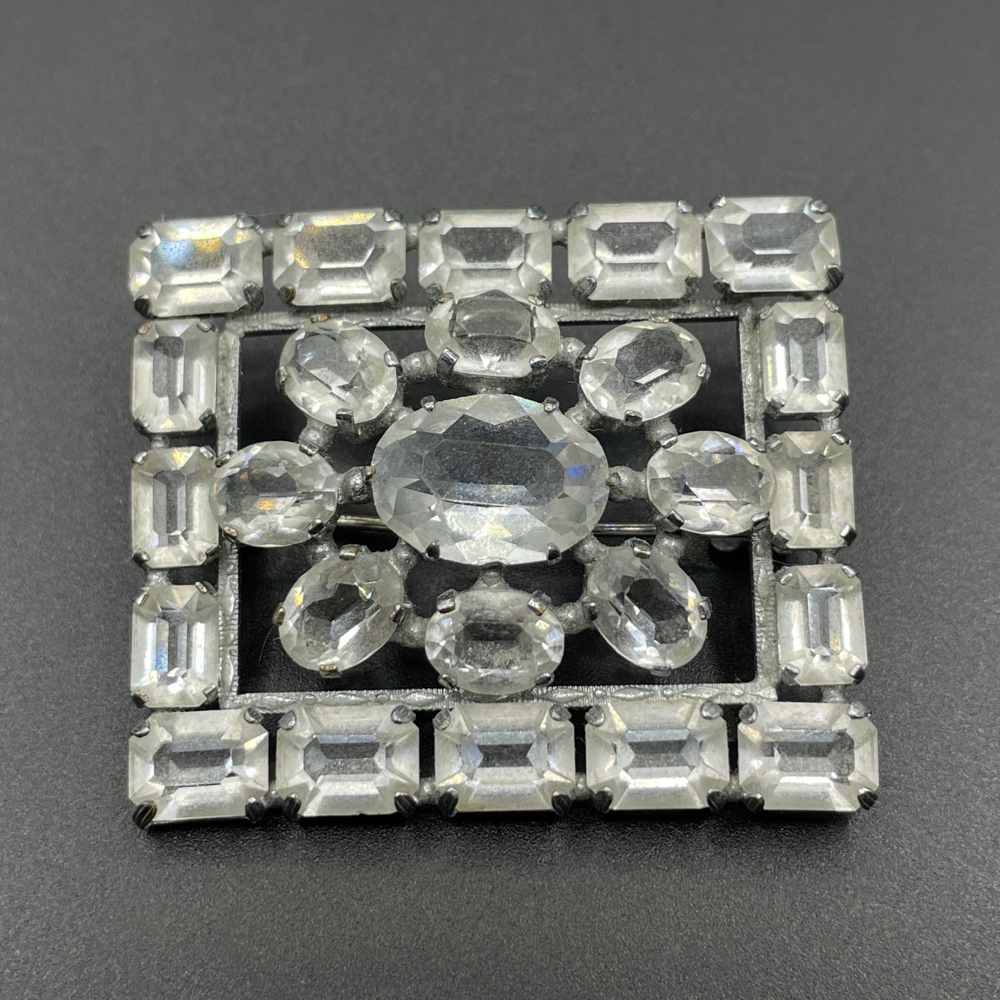 Vintage Art Deco ice clear crystal paste brooch, open-backed baguette cut rectangular and oval cut glass rhinestones