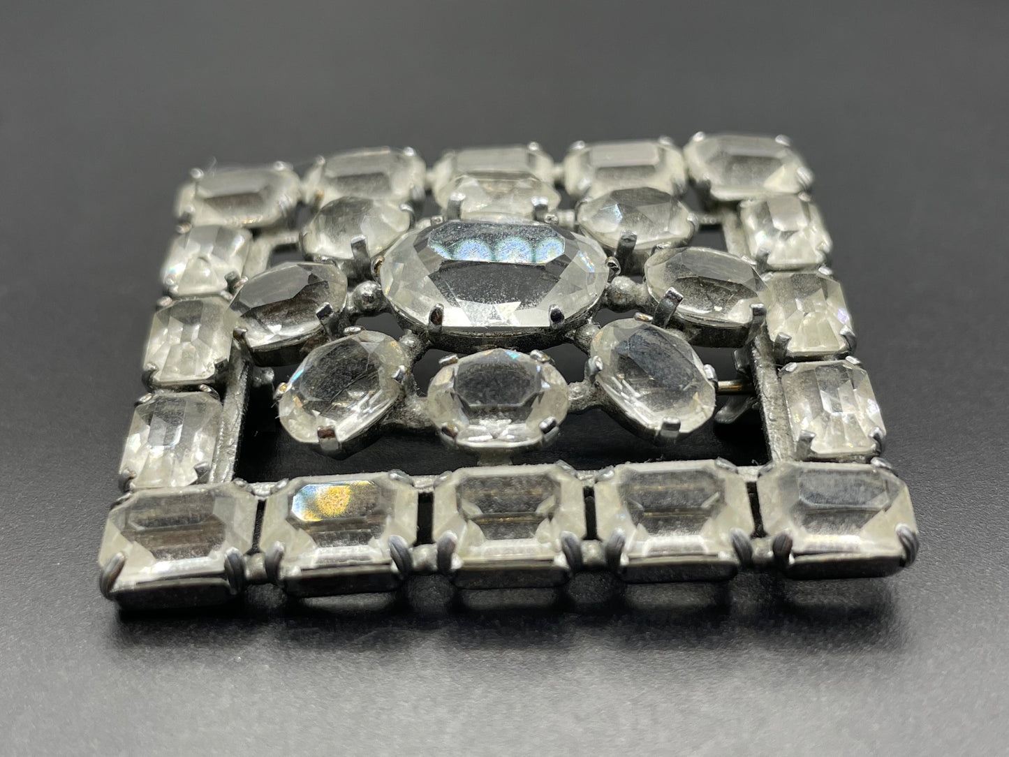 Vintage Art Deco ice clear crystal paste brooch, open-backed baguette cut rectangular and oval cut glass rhinestones