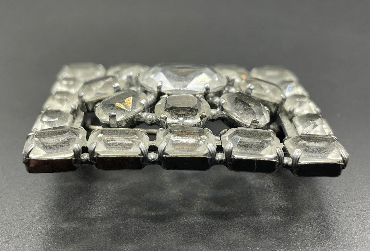 Vintage Art Deco ice clear crystal paste brooch, open-backed baguette cut rectangular and oval cut glass rhinestones