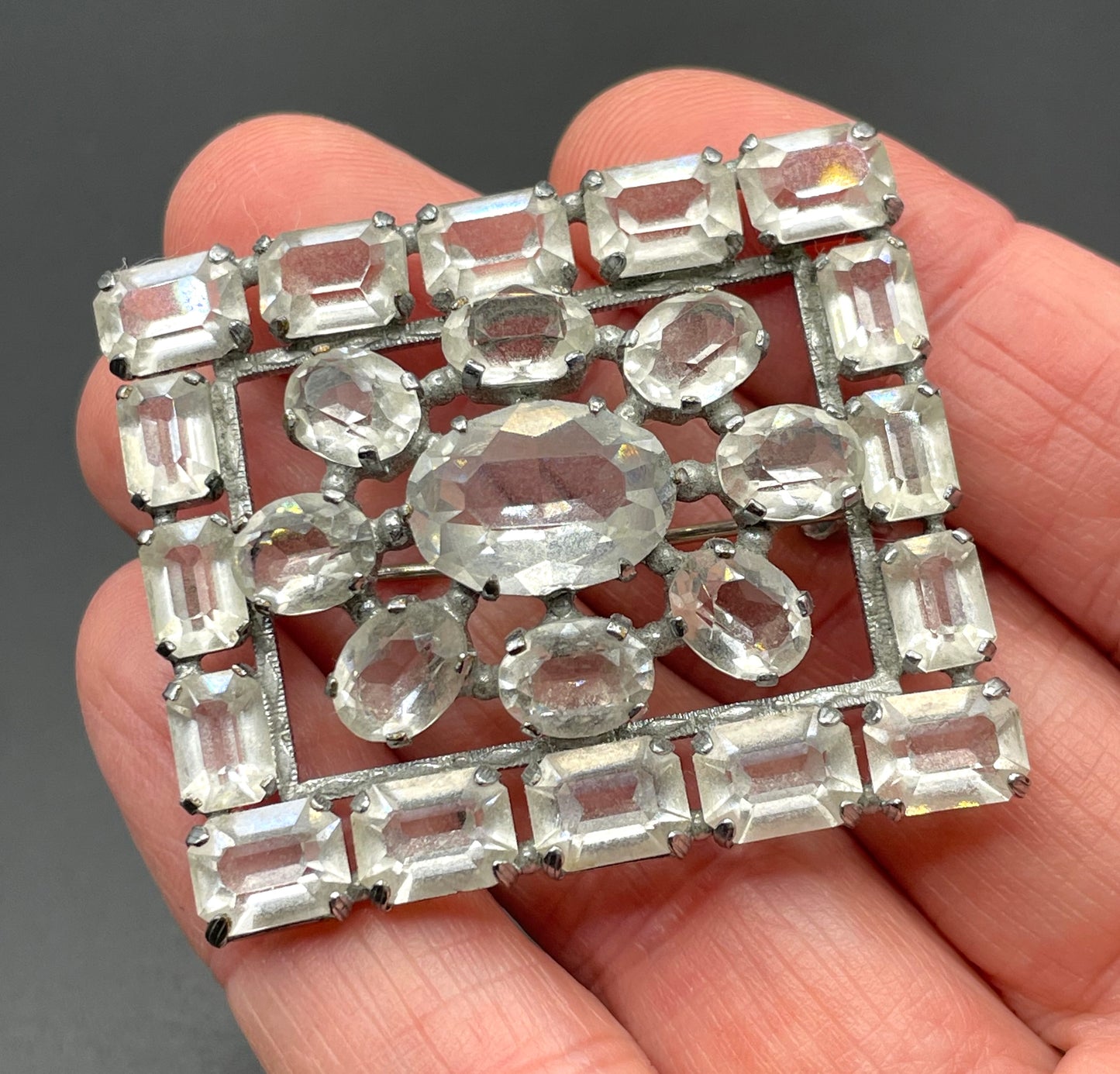 Vintage Art Deco ice clear crystal paste brooch, open-backed baguette cut rectangular and oval cut glass rhinestones