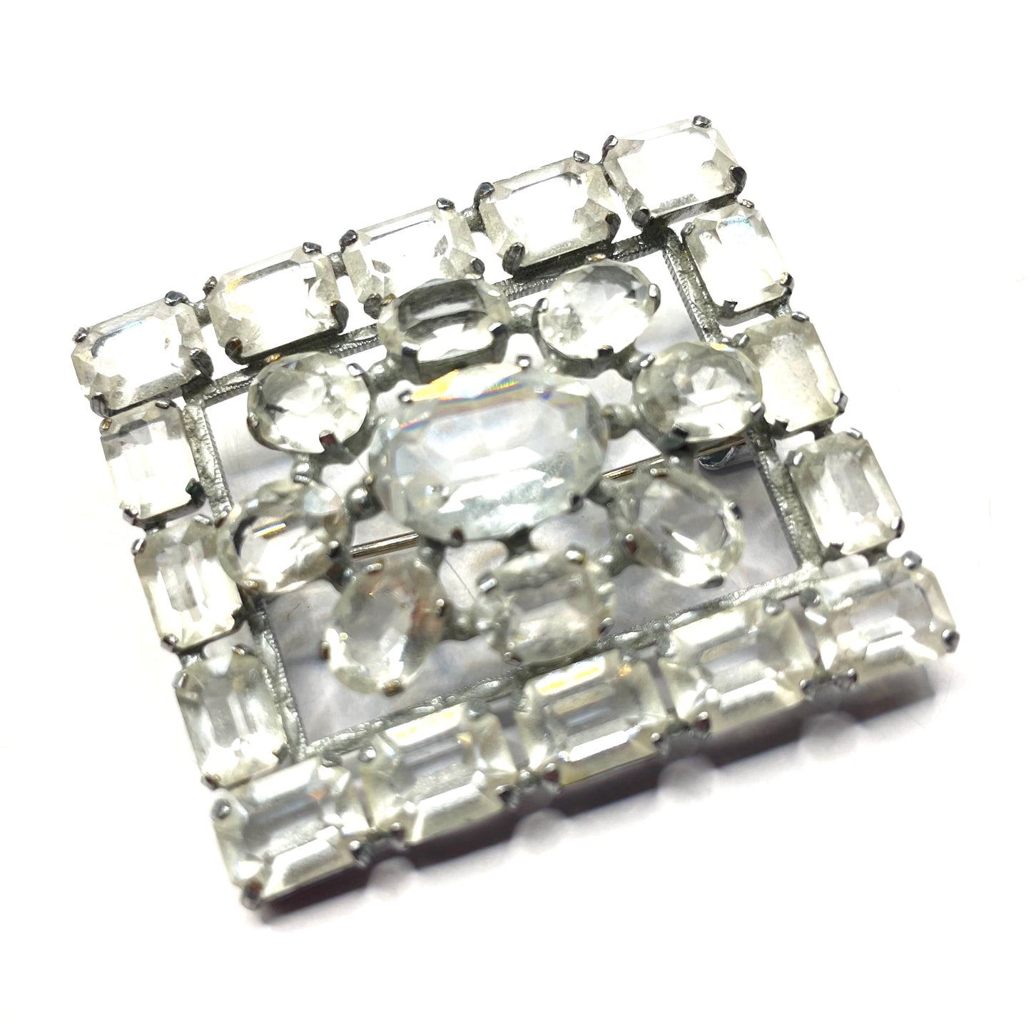 Vintage Art Deco ice clear crystal paste brooch, open-backed baguette cut rectangular and oval cut glass rhinestones