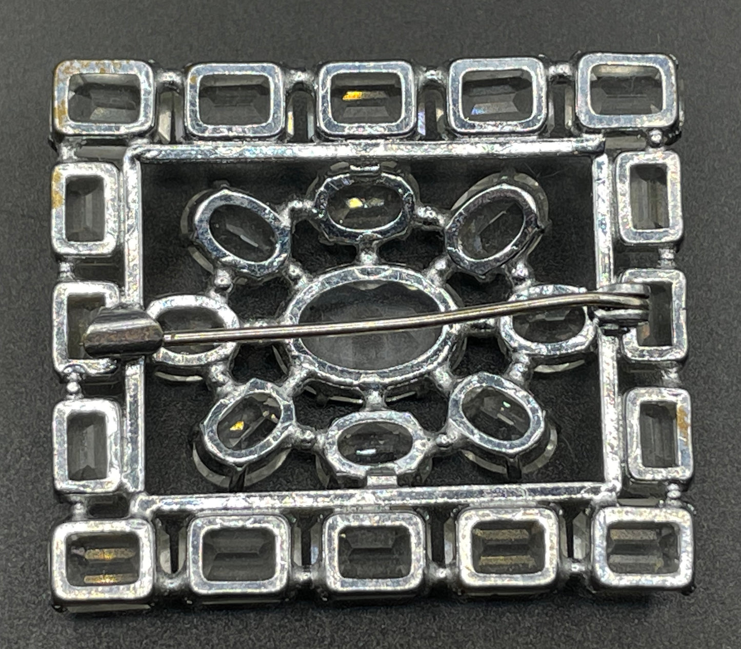 Vintage Art Deco ice clear crystal paste brooch, open-backed baguette cut rectangular and oval cut glass rhinestones