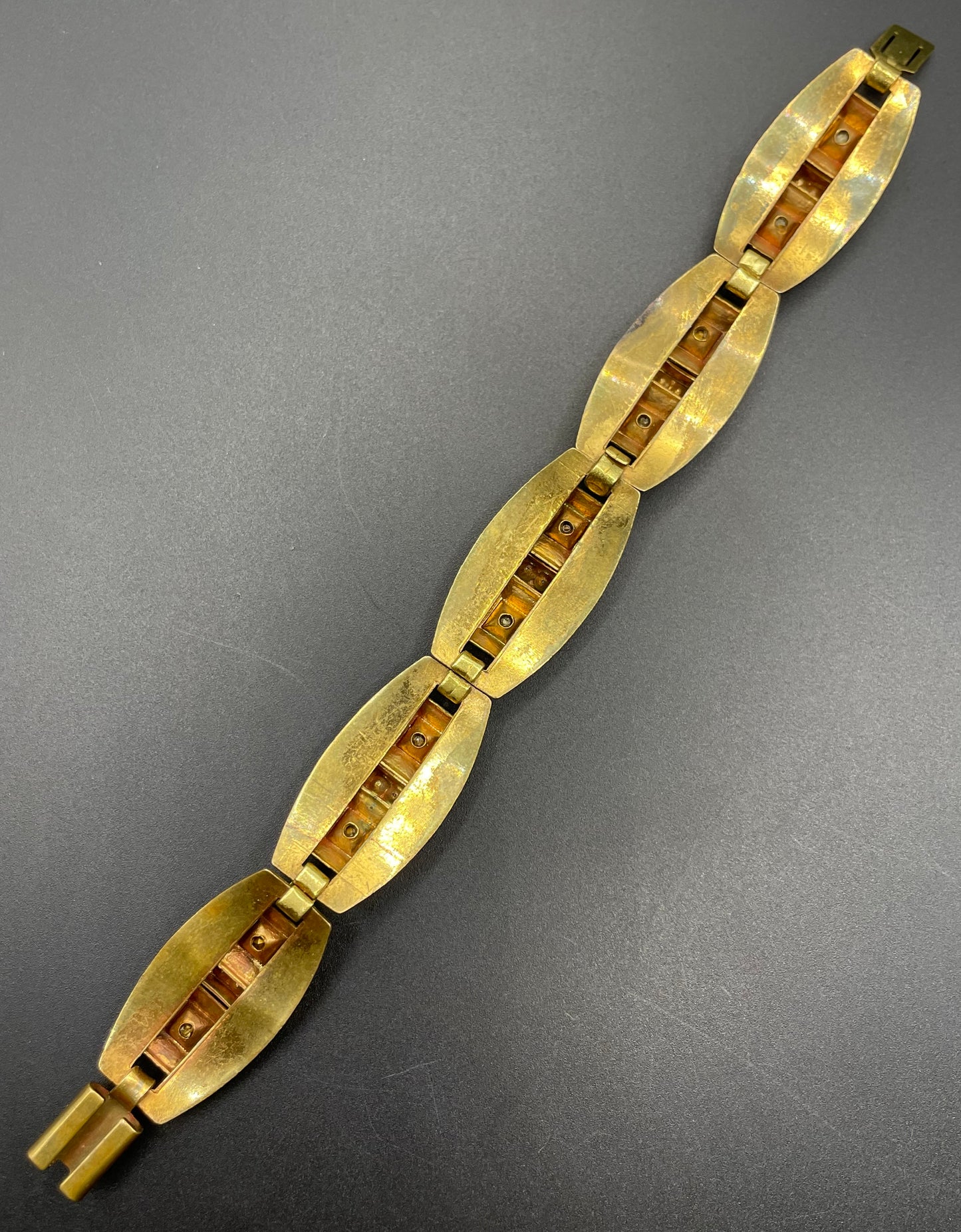 Vintage Art Deco clear and turquoise blue paste rhinestone and gold tone geometric panel bracelet