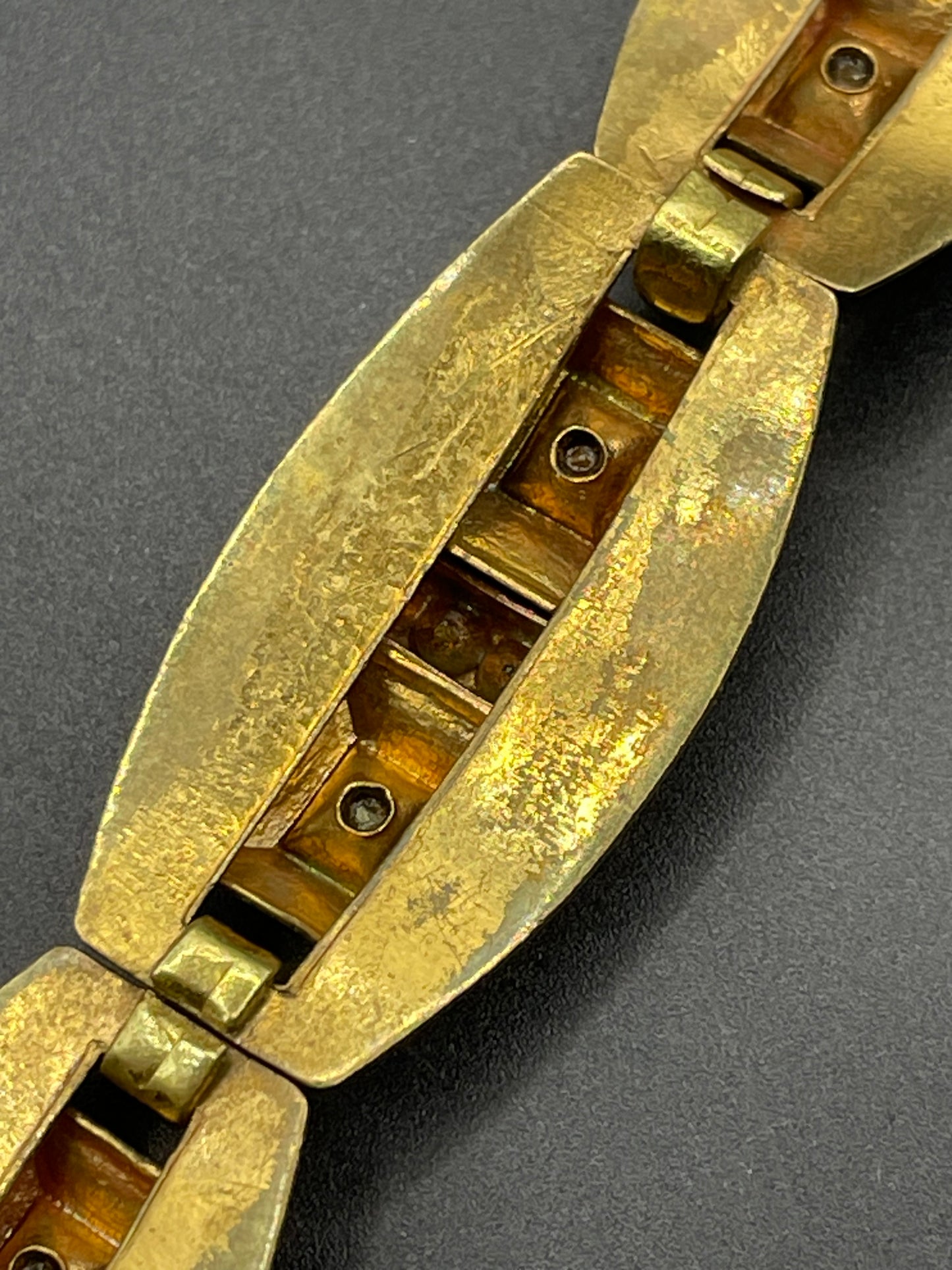 Vintage Art Deco clear and turquoise blue paste rhinestone and gold tone geometric panel bracelet