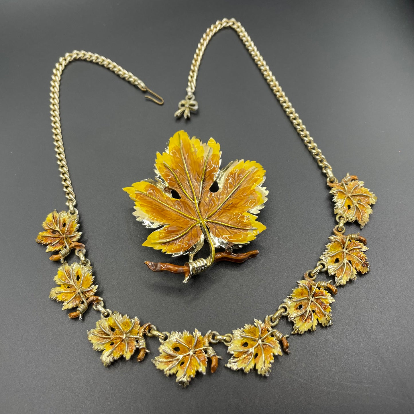 Vintage Exquisite vine leaf collectable necklace and large brooch set, tree / birthday series, pale gold tone with hand-painted enamel