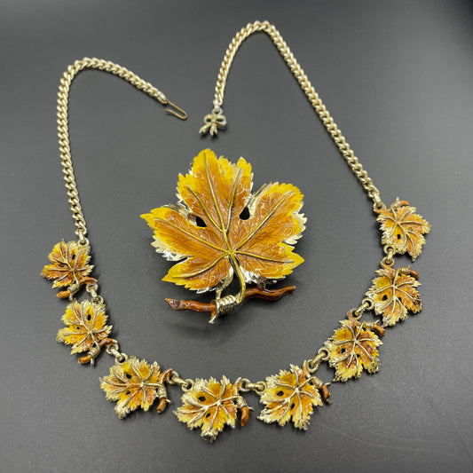 Vintage Exquisite vine leaf collectable necklace and large brooch set, tree / birthday series, pale gold tone with hand-painted enamel