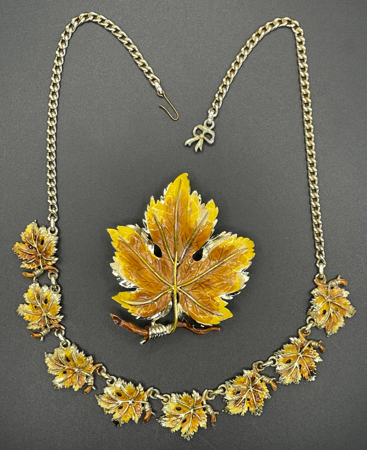 Vintage Exquisite vine leaf collectable necklace and large brooch set, tree / birthday series, pale gold tone with hand-painted enamel