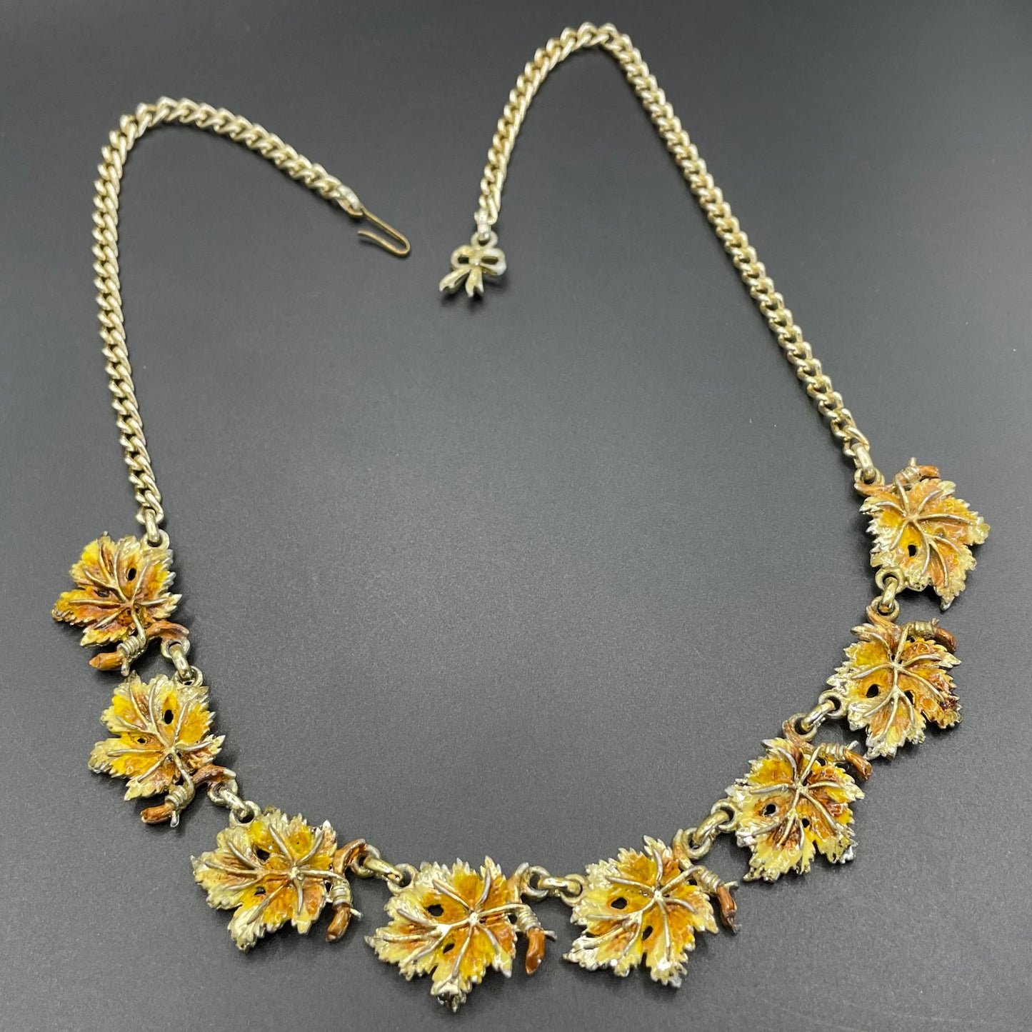 Vintage Exquisite vine leaf collectable necklace and large brooch set, tree / birthday series, pale gold tone with hand-painted enamel