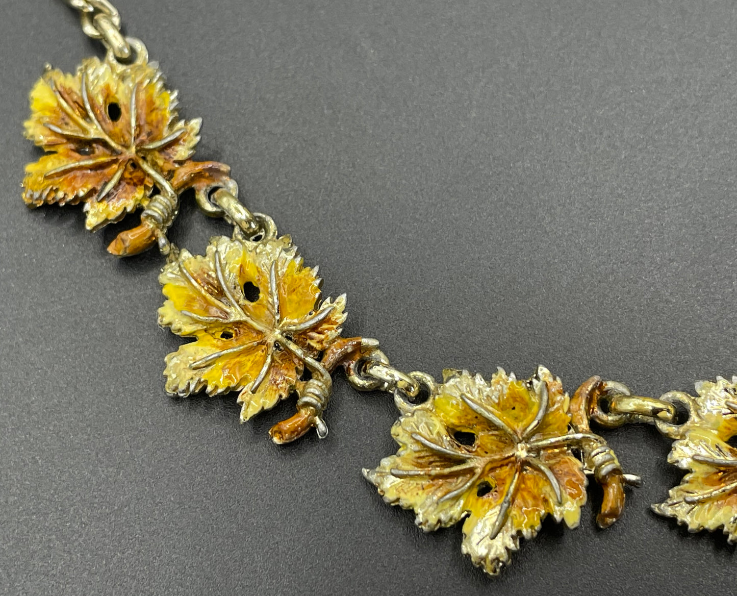 Vintage Exquisite vine leaf collectable necklace and large brooch set, tree / birthday series, pale gold tone with hand-painted enamel