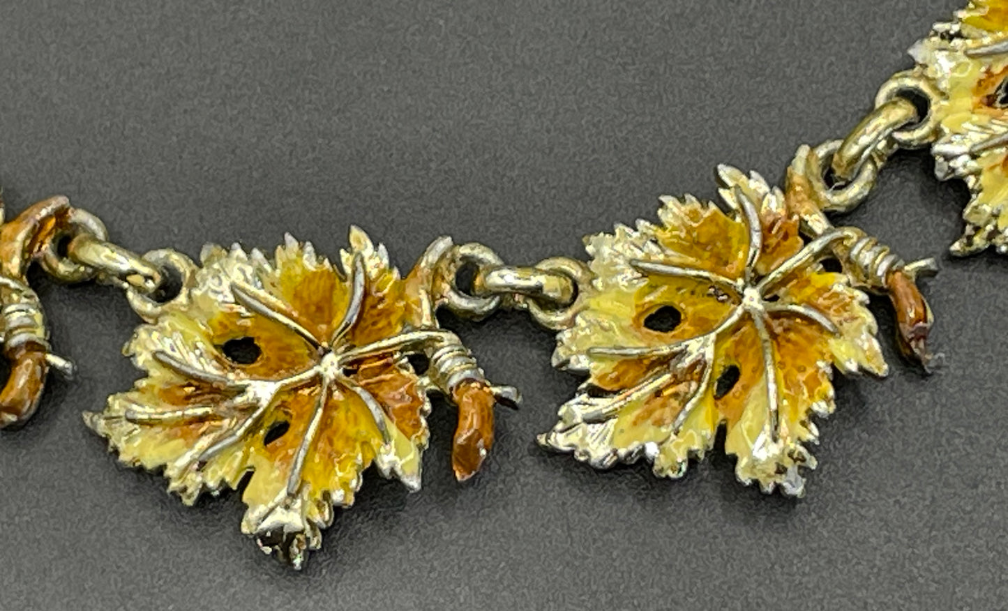 Vintage Exquisite vine leaf collectable necklace and large brooch set, tree / birthday series, pale gold tone with hand-painted enamel