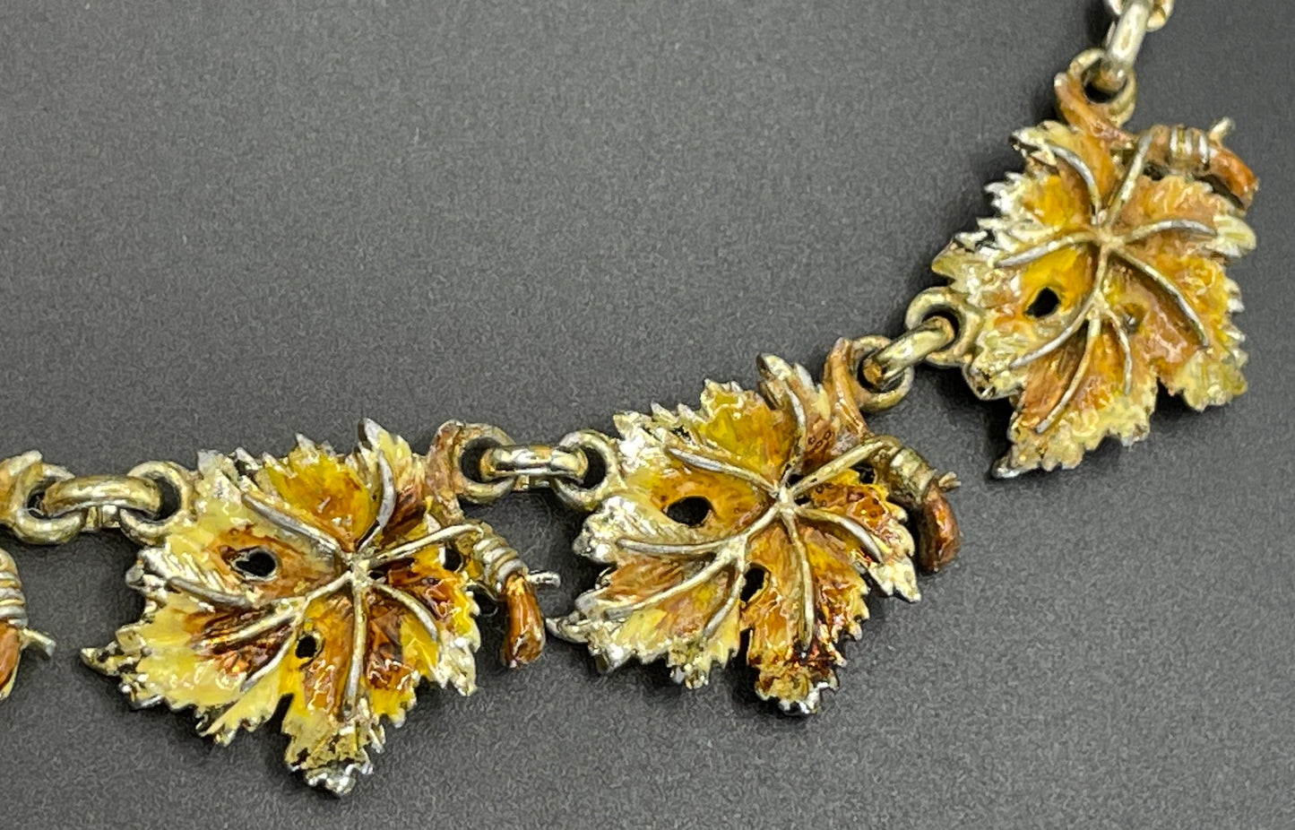 Vintage Exquisite vine leaf collectable necklace and large brooch set, tree / birthday series, pale gold tone with hand-painted enamel