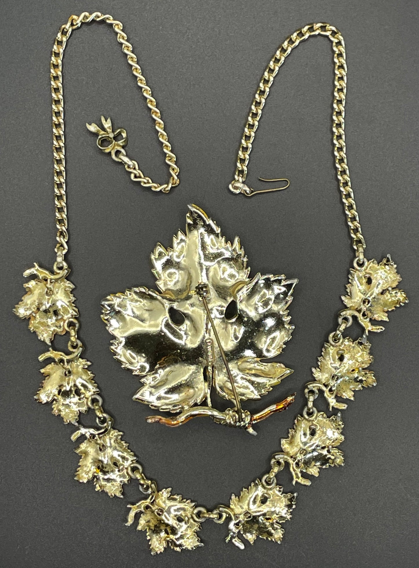Vintage Exquisite vine leaf collectable necklace and large brooch set, tree / birthday series, pale gold tone with hand-painted enamel