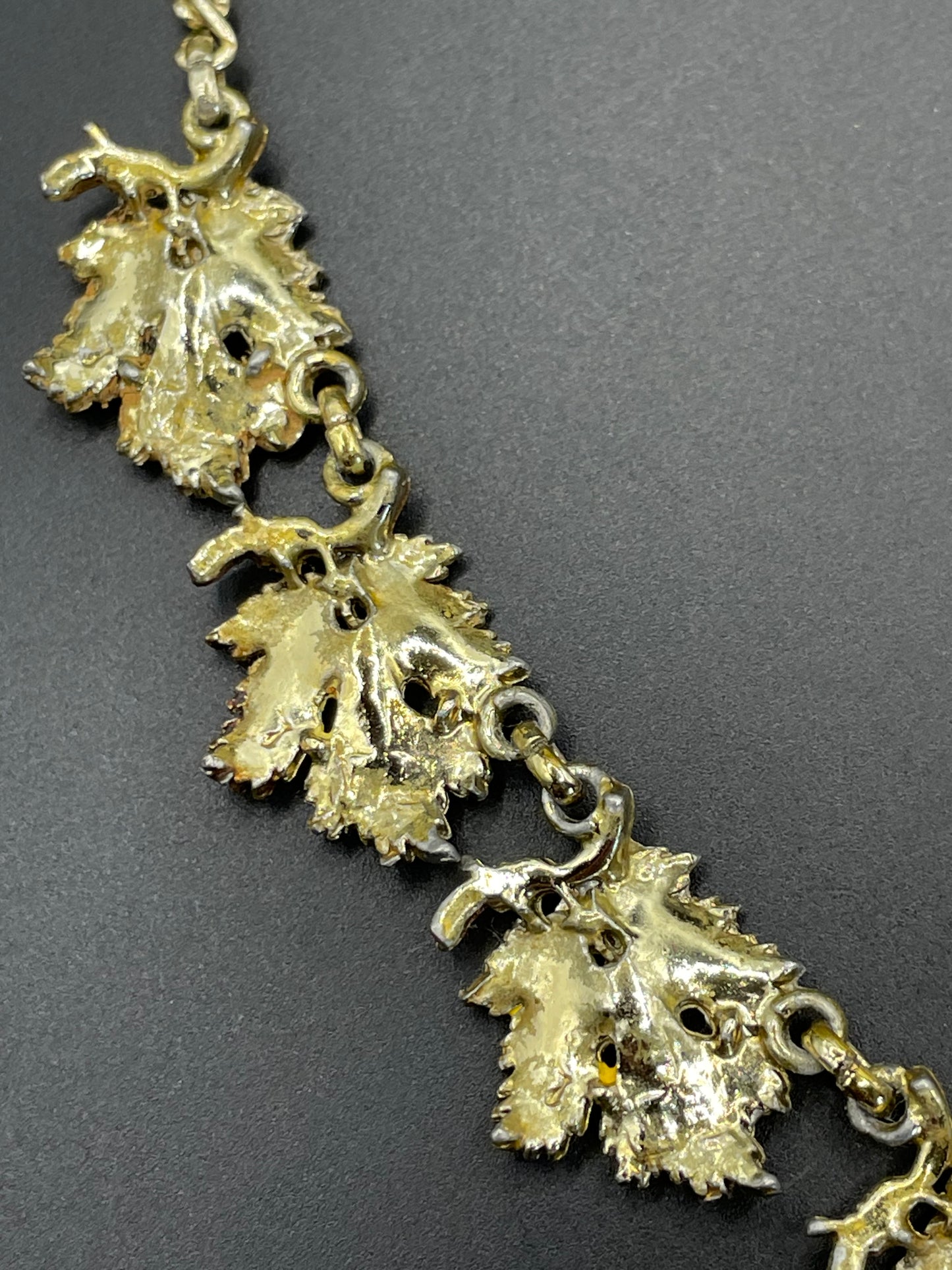 Vintage Exquisite vine leaf collectable necklace and large brooch set, tree / birthday series, pale gold tone with hand-painted enamel