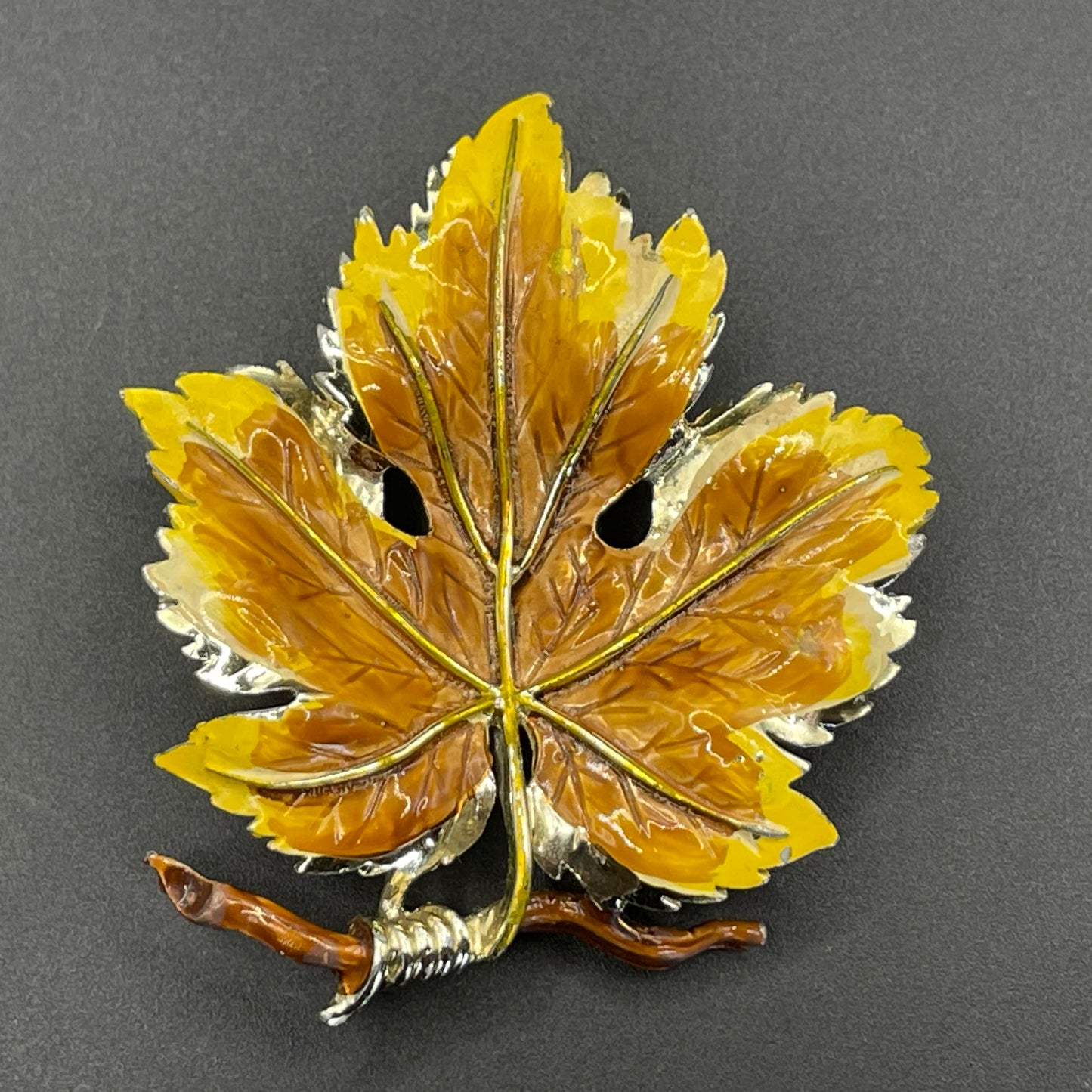 Vintage Exquisite vine leaf collectable necklace and large brooch set, tree / birthday series, pale gold tone with hand-painted enamel