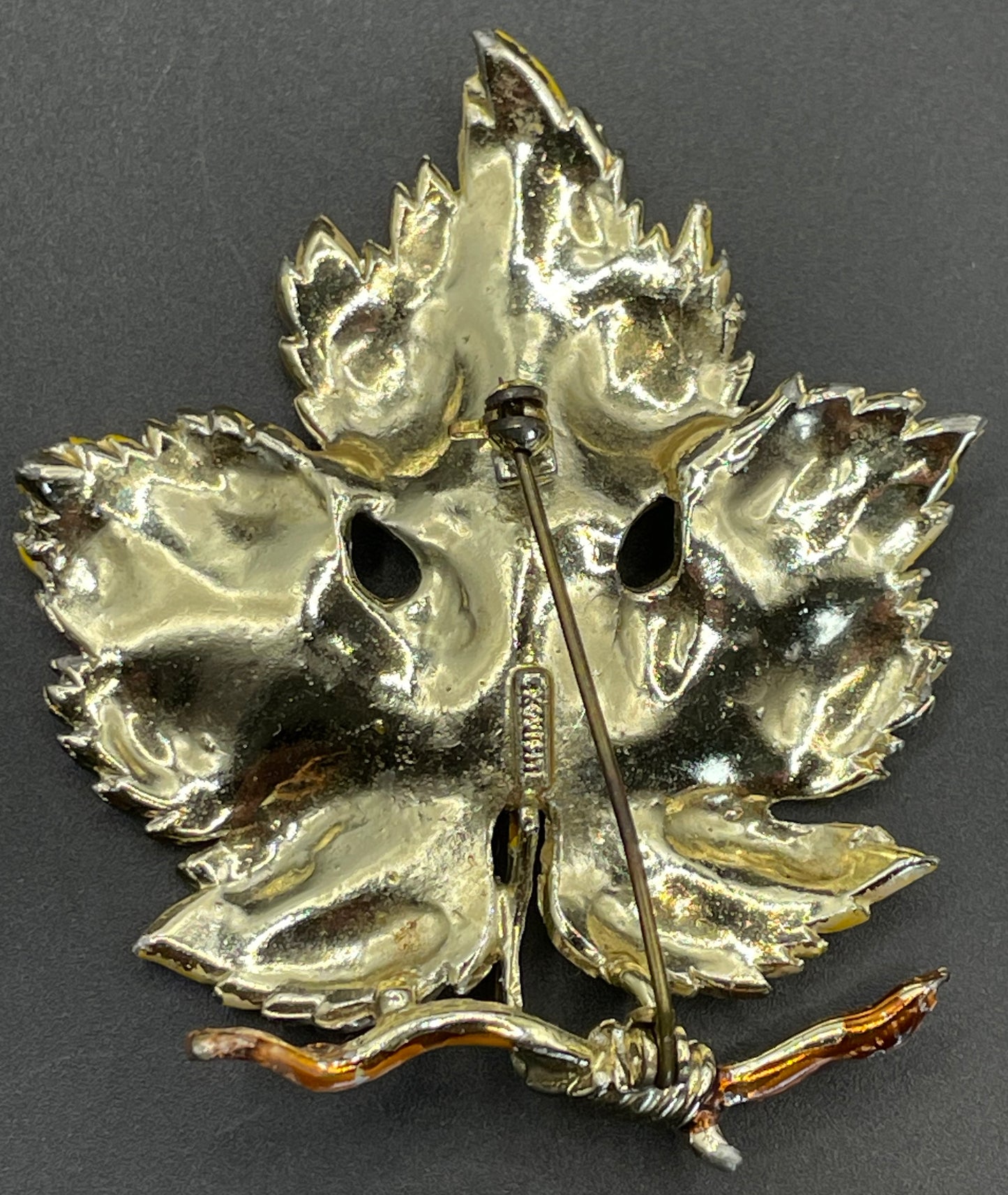Vintage Exquisite vine leaf collectable necklace and large brooch set, tree / birthday series, pale gold tone with hand-painted enamel