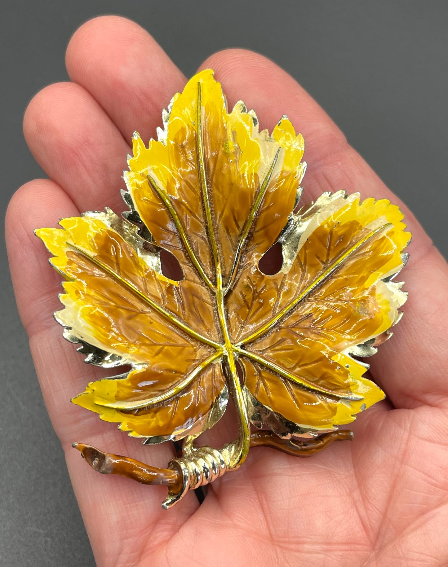 Vintage Exquisite vine leaf collectable necklace and large brooch set, tree / birthday series, pale gold tone with hand-painted enamel
