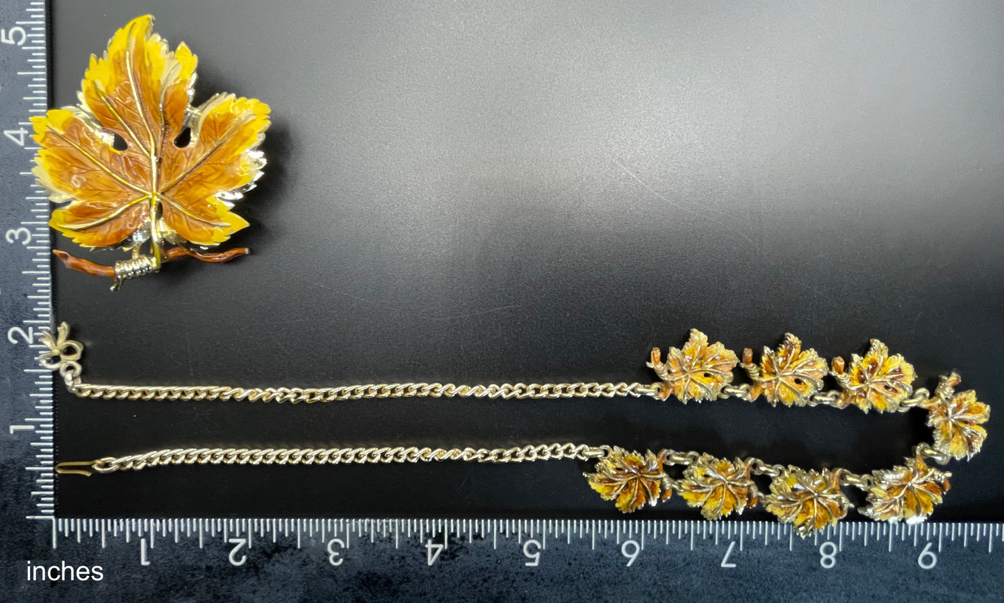 Vintage Exquisite vine leaf collectable necklace and large brooch set, tree / birthday series, pale gold tone with hand-painted enamel
