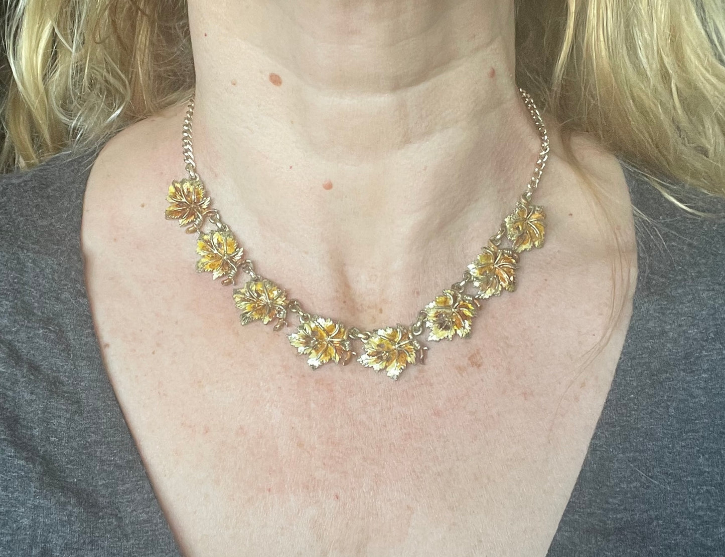 Vintage Exquisite vine leaf collectable necklace and large brooch set, tree / birthday series, pale gold tone with hand-painted enamel