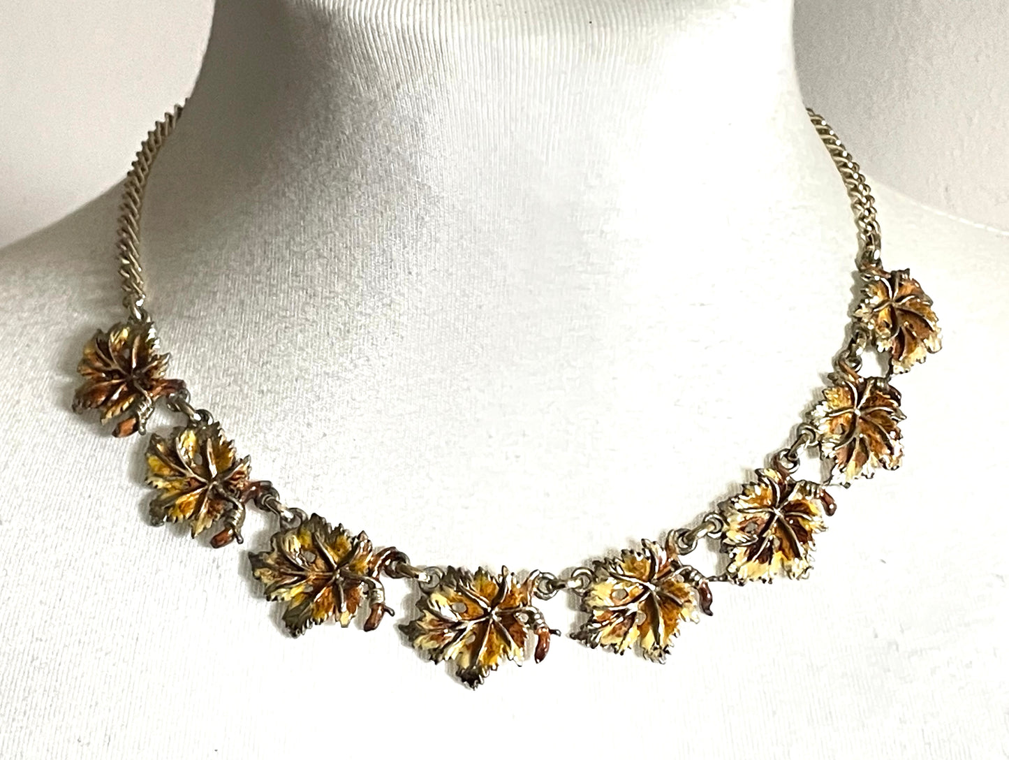 Vintage Exquisite vine leaf collectable necklace and large brooch set, tree / birthday series, pale gold tone with hand-painted enamel