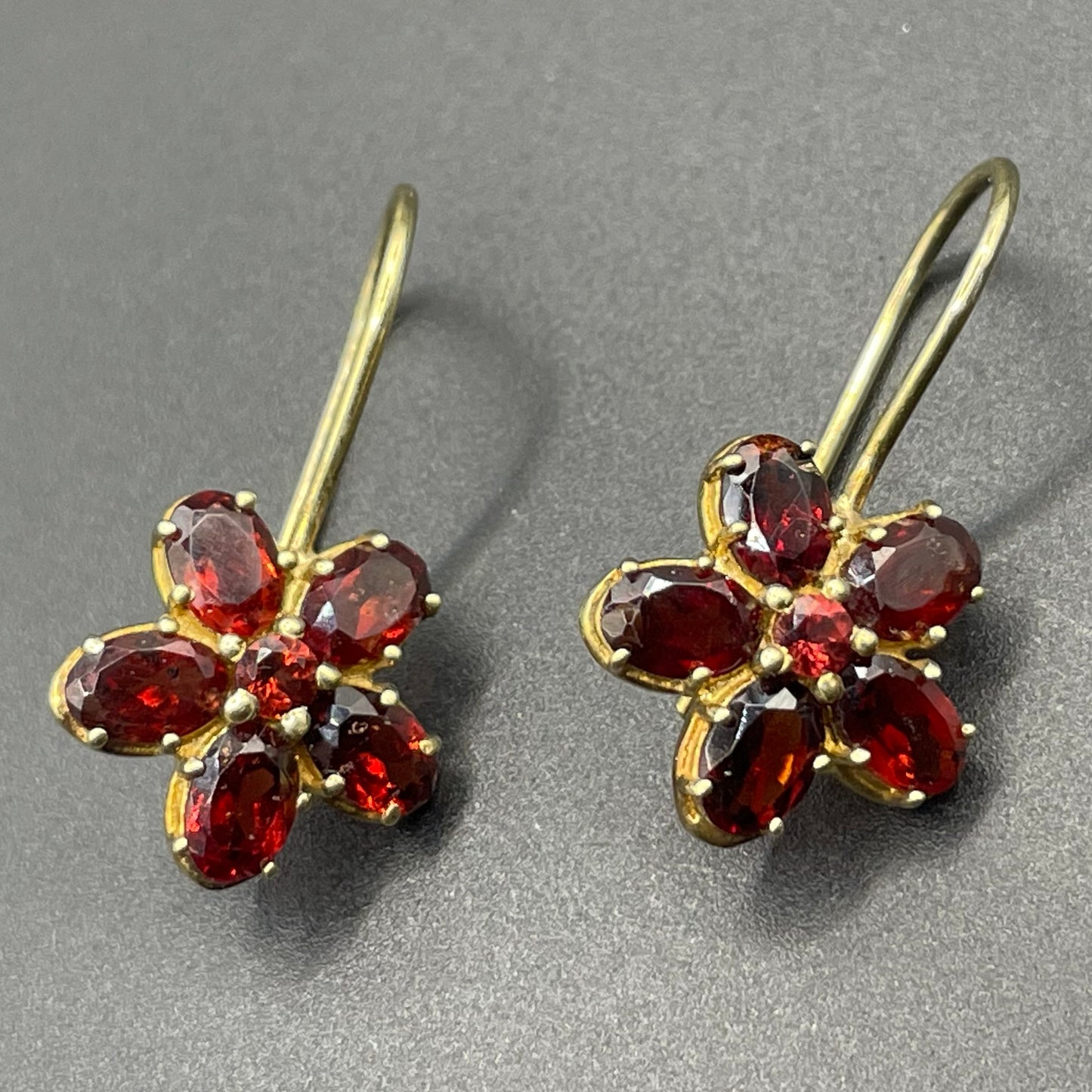 Vintage sterling silver gold vermeil red garnet floral drop earrings, beautiful pieces in presentation box